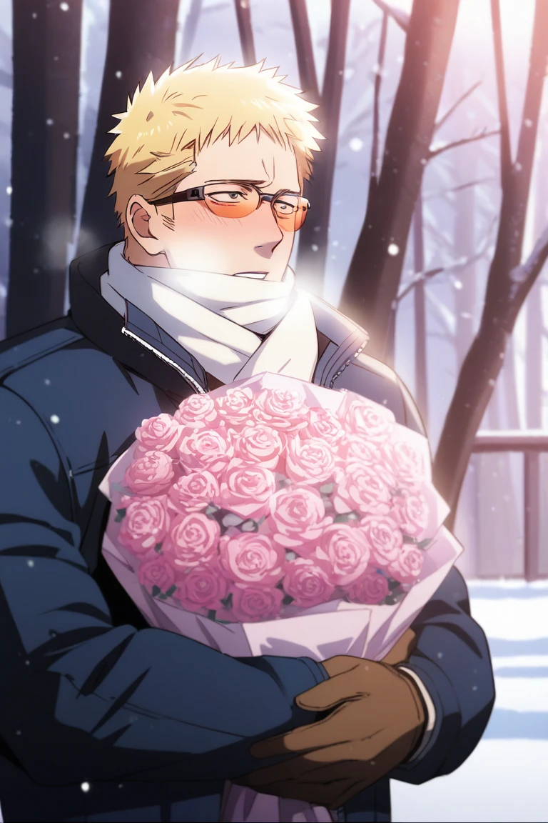 score_9, score_8_up, score_7_up, source_anime, rating_questionable, anime coloring, subsurface scattering, realistic shading, natural lighting, snowing, snow, winter theme, breath, holding pink flower bouquet, male focus, looking away, shy, expressive face, KaneFF, blonde_KaneFF_short hair, KaneFF_facial hair, orange_KaneFF_sunglasses, parted lips, covered mouth, 1boy, blush, shiny skin, winter clothes, white scarf, jacket, outdoors, tree, romantic, intricately detailed illustration, depth of field, atmospheric perspective, masterpiece, best quality, amazing quality, very aesthetic, absurdres, newest,, anime screencap