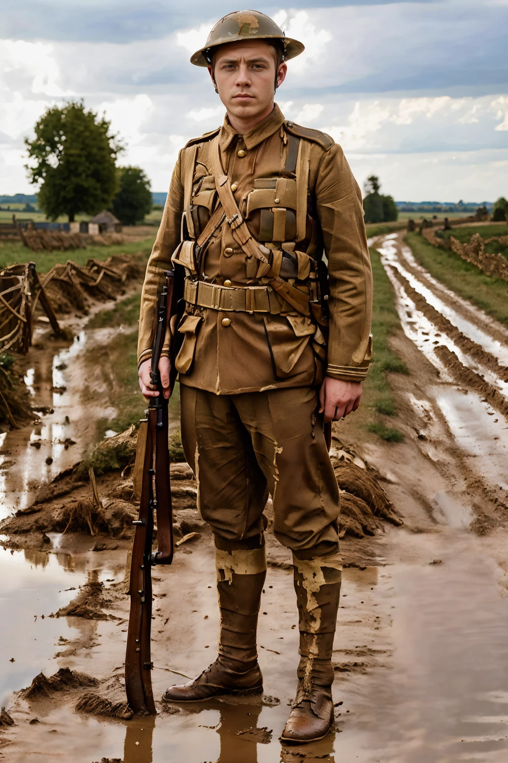 World War I, rural French countryside, (muddy dirt road), standing, ZaneAnders, wearing ww1brit, wearing uniform of world war one British soldier, holding rifle, (((full body portrait))), wide angle  <lora:ZaneAnders:0.8>  <lora:ww1brit_v0.1:0.8>