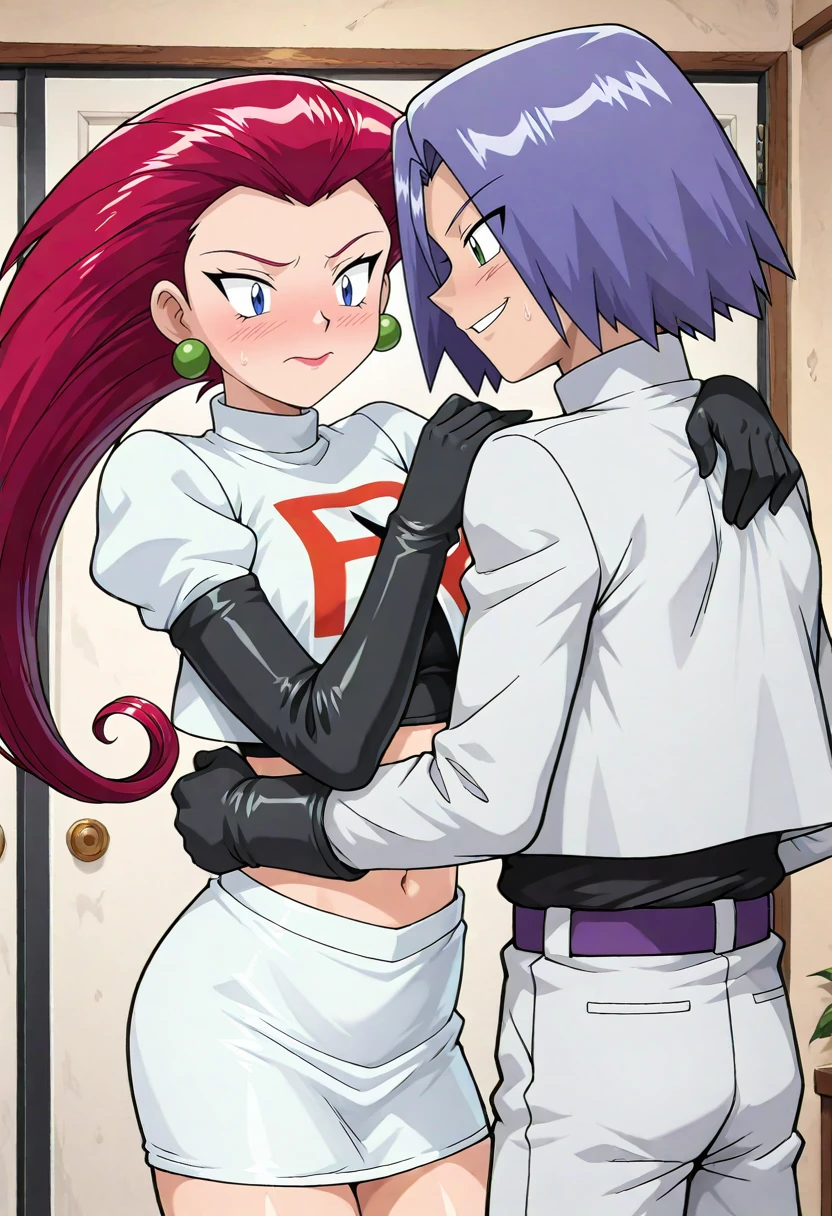 masterpiece, best quality, absurdres, highres, detailed background, <lora:hyperSD8:1>,
 <lora:JESSIE_ILXL:1> 1girl, jessie (pokemon), hair slicked back, long hair, team rocket, NAVEL,miniskirt, 1BOY, james (pokemon), HUG, embarrassed, couple,