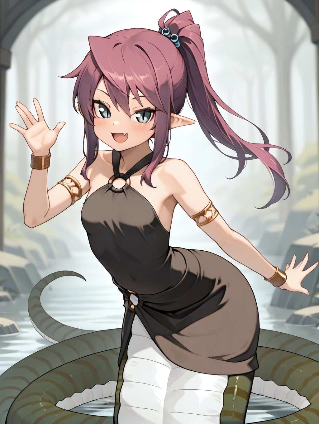 1girl, LmaTey, purple hair, ponytail, blue eyes, slit pupils, black skirt, o-ring, black shirt, sleeveless, jewelry, pointy ears, lamia,

(dynamic pose), waving, happy,

masterpiece, best quality,amazing quality, very aesthetic, absurdres, depth of field, blurry background, extremely detailed face, detailed eyes