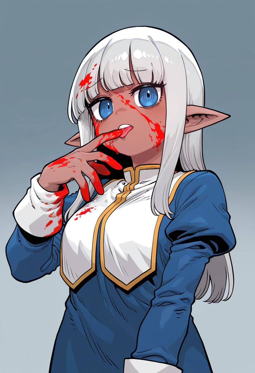 naga u, ssambatea, infukun, 1girl, solo, karla \(kono healer mendokusai\), dark skin, blue eyes, pointy ears, blood on face, blood on hands, blood on hair, licking fingers, 
absurdres, highly-detailed, best quality, masterpiece, very aesthetic,   <lora:Karla_Kono_Healer_Mendokusai-000101:1> karlastyle,