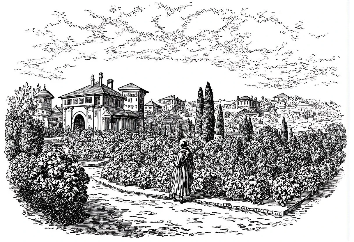 This is a black-and-white pencil illustration about Roman Empire. The image illustrates an ancient Roman vineyard during rainy day.