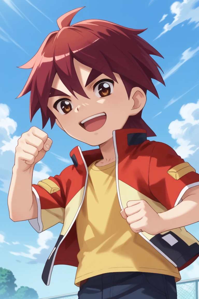 score_9, score_8_up, score_7_up, score_6_up, score_5_up,score_4_up,source_anime
 jason, red hair, brown eyes, red jacket, yellow shirt, 1boy, male focus, solo, smile, sky, cloud, clenched hand, open mouth, day, jacket