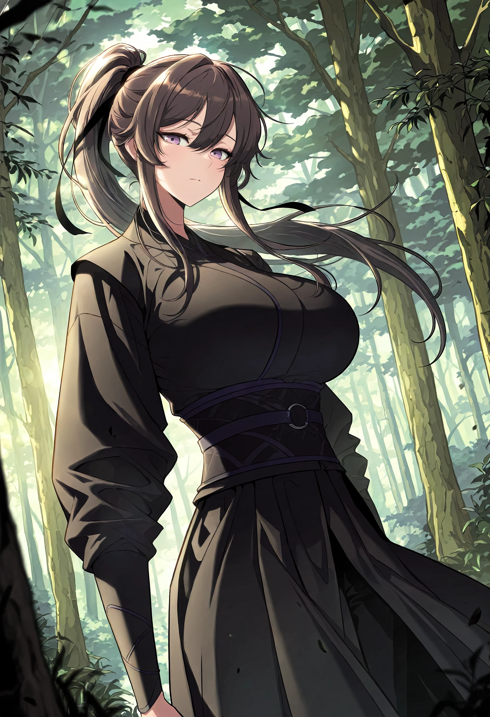 masterpiece, best quality, amazing quality, very aesthetic, absurdres, newest, scenery, 1girl, solo, huge breasts, <lora:Wolyoung illustxl:1.0> long hair, hair between eyes, purple eyes, high ponytail, sidelocks, black hair, brown hair, hair ribbon, black ribbon, black kimono, long sleeves, sash, black skirt, long skirt, black pants, upper body, standing, forest, outside, looking at viewer, shiny skin, masterpiece, best quality, amazing quality, very aesthetic, absurdres, newest, scenery