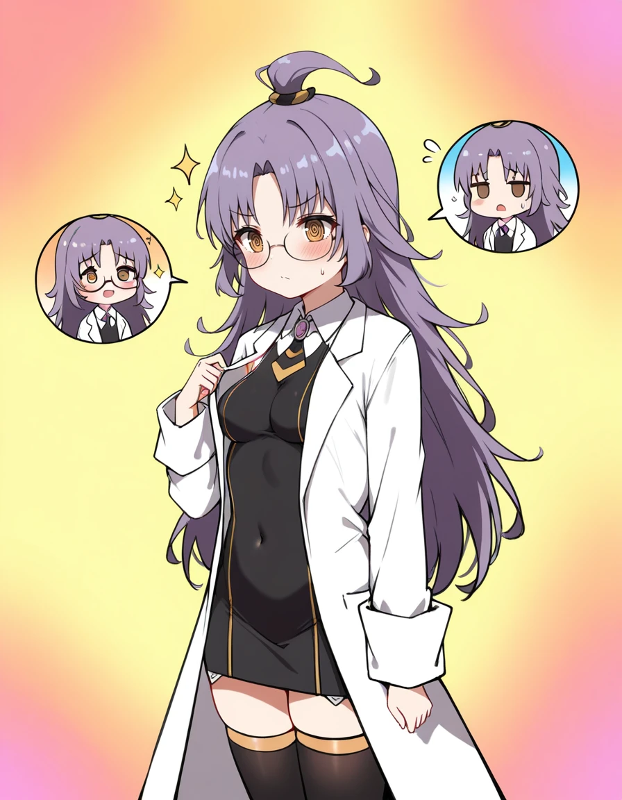 masterpiece, best_quality, absurdres,   <lora:hundred_-_charlotte_dimandius_il:1> hundred_-_charlotte_dimandius, long_hair, purple_hair, glasses, brown_eyes, yellow_eyes, lab_coat, necktie, collared_shirt, long_sleeves, zettai_ryouiki, black_thighhighs, orobou, @_@, adjusting_clothes, blush, breasts, cleavage, covered_navel, cowboy_shot, sideboob, simple_background, sweatdrop, sparkle, rainbow_background