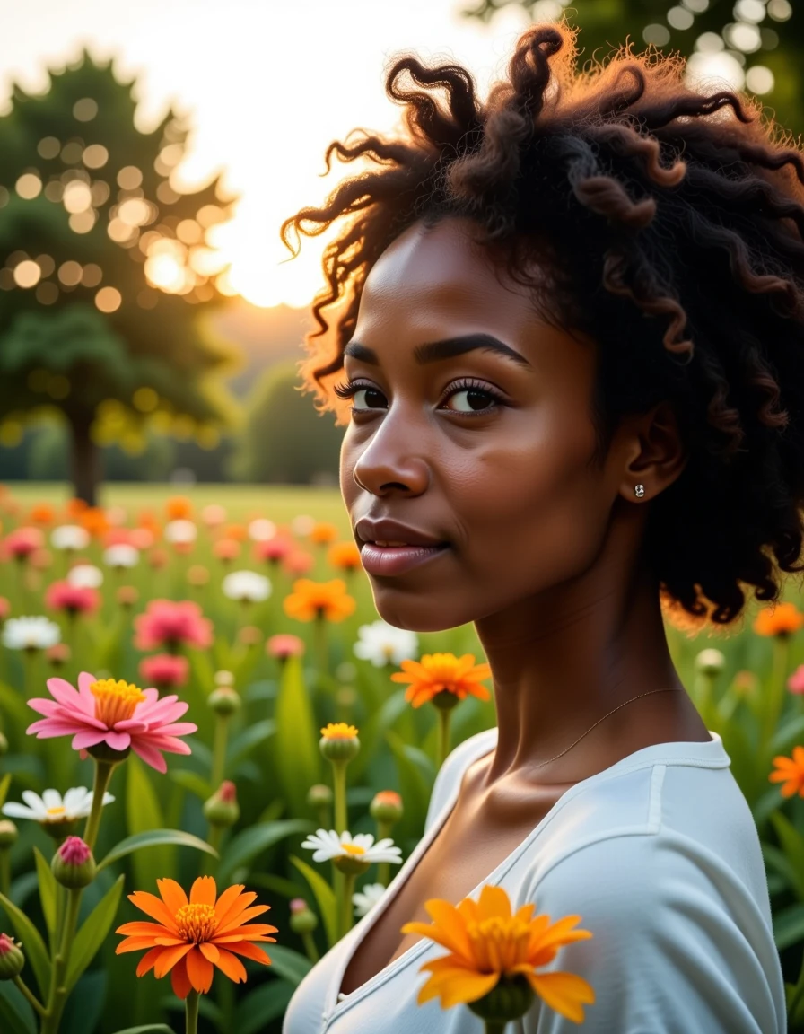 a field of wildflowers. Trees and a beautiful Afro-Canadian woman in the sharp background, deep depth of field, clearly defined facial features, (rim light:1.4), a field of wildflowers. Trees and a beautiful Afro-Canadian woman in the sharp background, deep depth of field, clearly defined facial features, (rim light:1.4), dazzling warm illumination, detailed, intricate, elegant, highly contrasted, dramatic professional, cinematic, artistic, great composition, dynamic, rich vibrant colors, striking, attractive, aesthetic, very