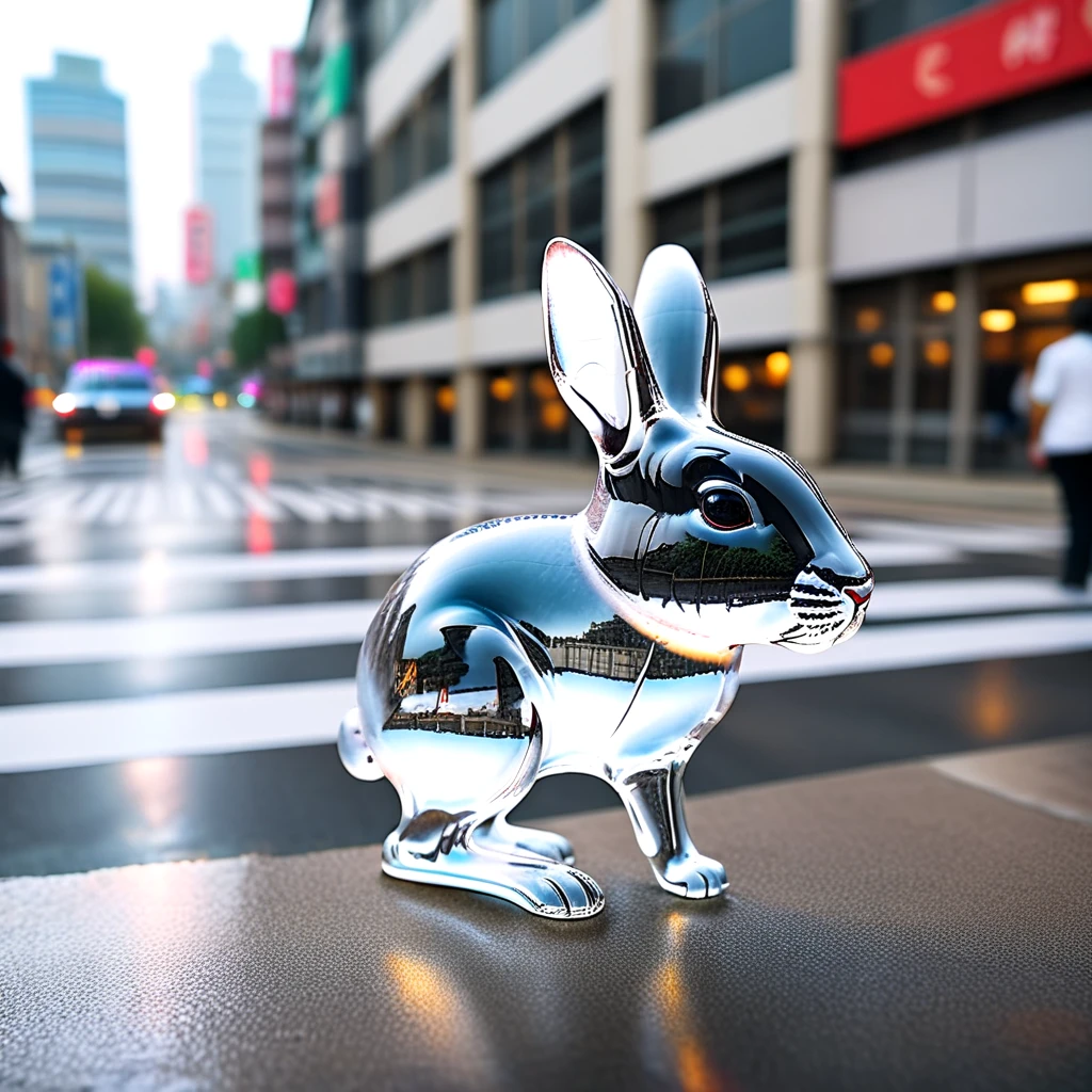 glass rabbit, solo, outdoors, solo_focus, blurry, no_humans, depth_of_field, blurry_background, building, reflection, photorealistic, cityscape, realistic, transparent, photo_background, reflective_floor, crosswalk, real_world_location,  <lora:Crystal_ornament_IL_v1:0.5>