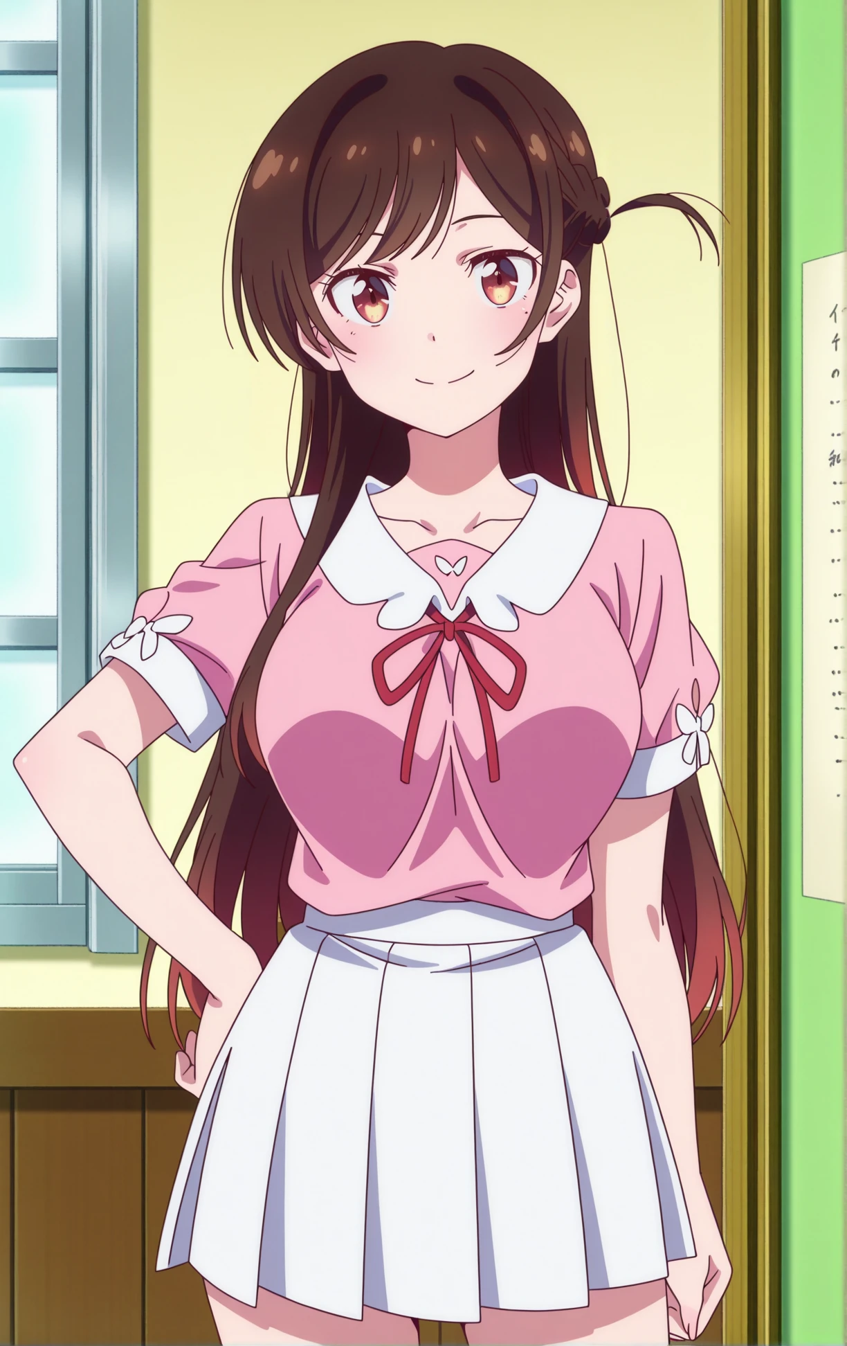 masterpiece, detailed face, best quality, very aesthetic, absurdres, best quality, year 2023,indoors, anime screencap, large breasts,
<lora:Chizuru_Ichinose:0.9>, Chizuru Ichinose, brown hair, brown eyes, long hair, braid,
mizuhara chizuru, 1girl, braid, brown hair, closed mouth, long hair, looking at viewer, miniskirt, hand on own hip, cowboy shot, neck ribbon, one side up, pink shirt, pleated skirt, red ribbon, ribbon, shirt, short sleeves, skirt, smile, solo, standing, white skirt,
shiny skin, anime coloring, uncensored, anime screencap,