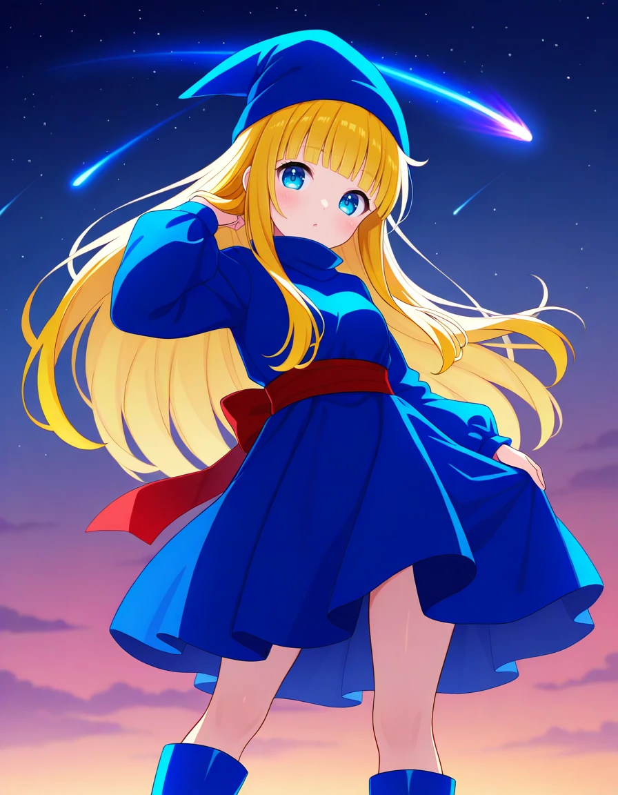 <lora:witchP123_SDXL_Illustrious01_fp16_ver01:1>,1girl,solo,witchP123,long hair,blonde hair,blunt bangs,blue eyes,blue dress, blue boots,blue hat, red sash,long sleeves,meteor,comet, night sky,, masterpiece, best quality, very aesthetic, absurdres,<lora:detailed_hands:1>,hand