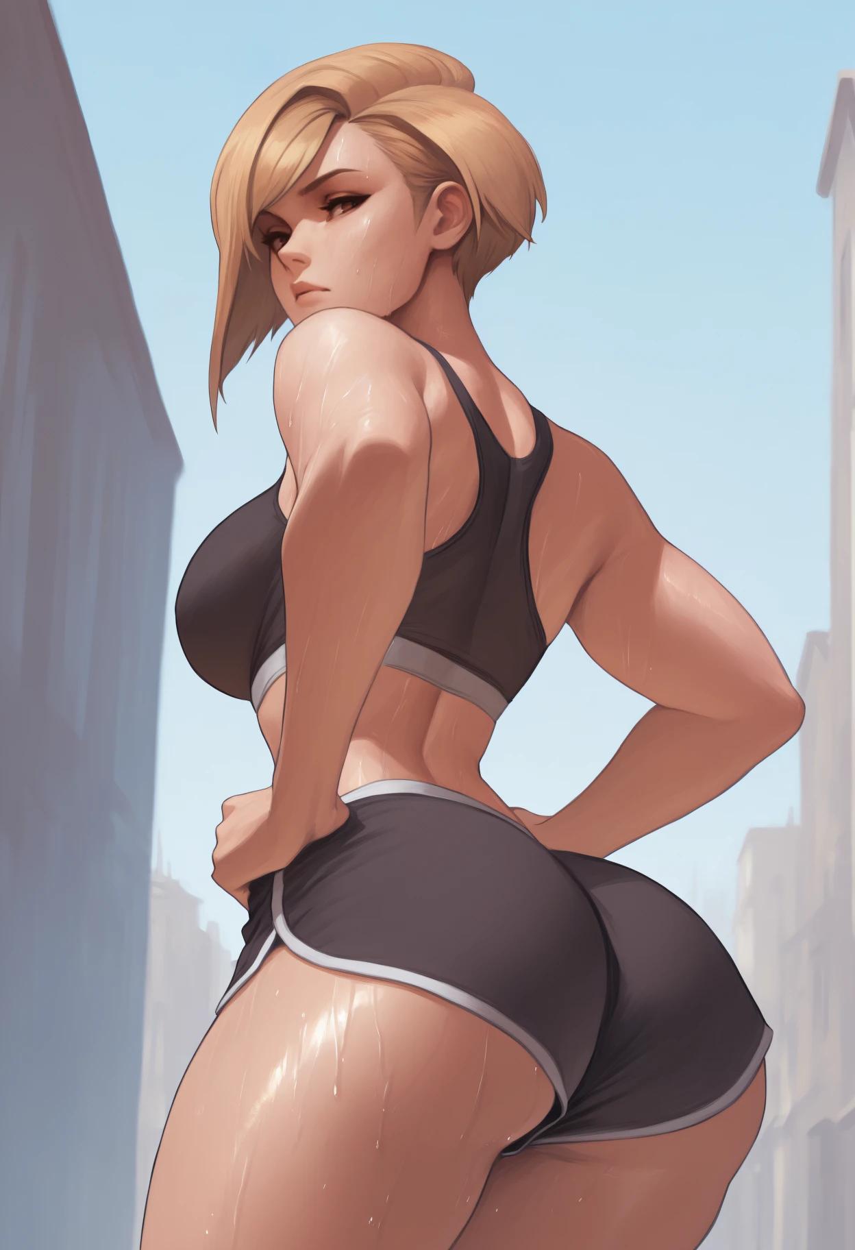 masterpiece, best quality, <break> from behind, solo, 1girl, yrena, sweat, expressionless, looking back, hands on own hips, short hair, blonde hair, asymmetrical hair, swept bangs, brown eyes, raised eyebrows, black sports bra, black shorts, dolphin shorts, micro shorts, ass, outdoors, day, city street
<segment:yolo-Anzhc Face seg 640 v2 y8n.pt,0.4,0.5//cid=1>