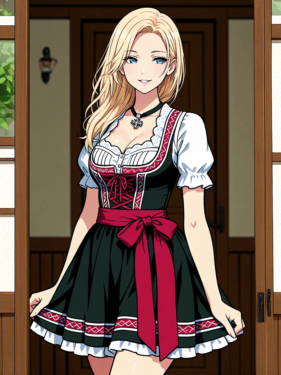 Masterpiece,best quality,vector art,looking at viewer,parted lips,smile,cowboy shot,
dirndl, a woman in traditional bavarian dress poses for a picture , german woman, wearing a dirndl,
 <lora:edgdrindlLS:1>