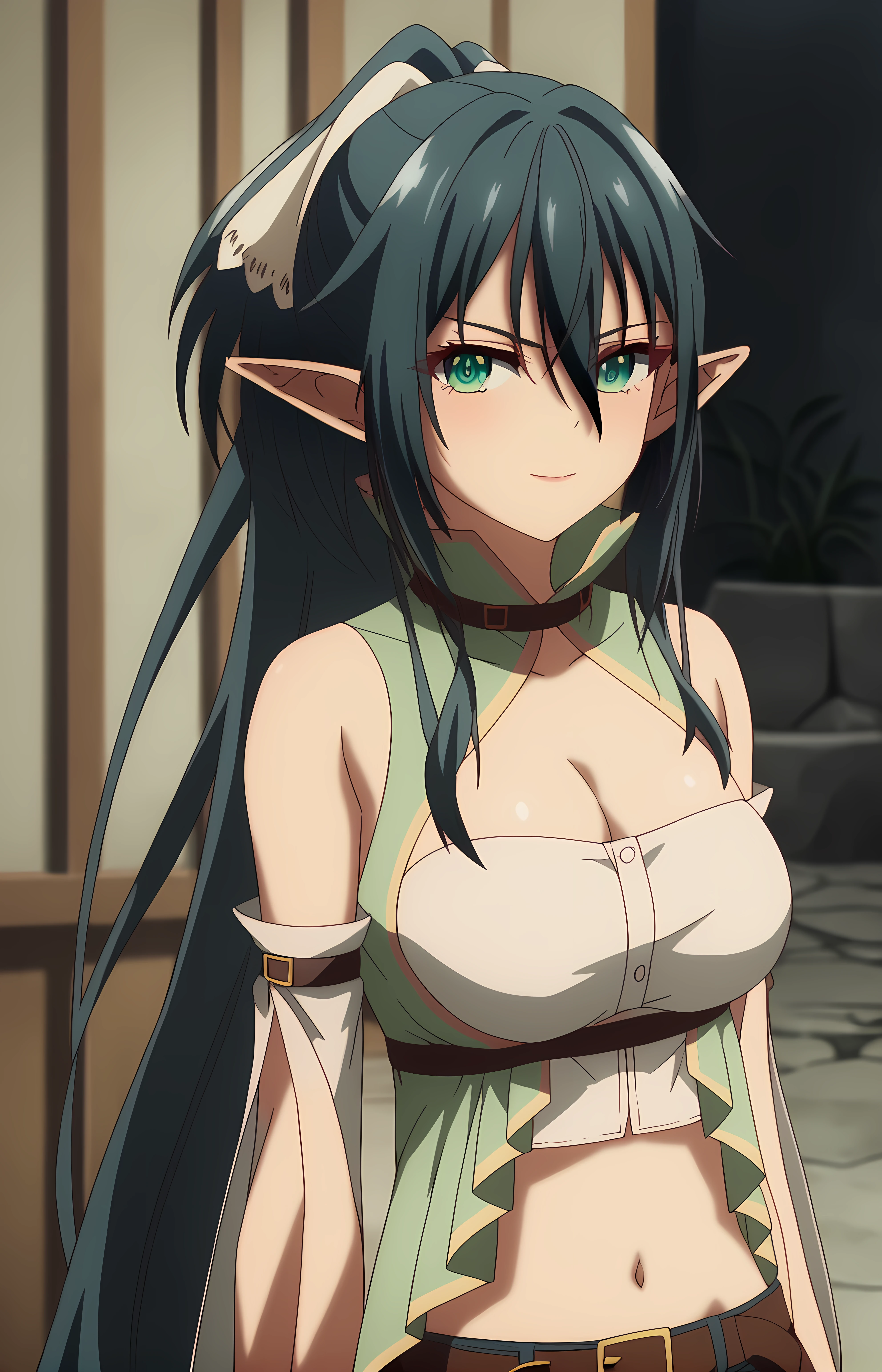 score_9, score_8_up, score_7_up, score_6_up, score_5_up, score_4_up, source_anime,looking at viewer, shiny skin, upper body, light smile, petite,ohwx, 1girl, long_hair, green_eyes, solo, pointy_ears, ponytail, elf, breasts, hair_between_eyes, black_hair, green_hair, cleavage, very_long_hair, thighhighs, medium_breasts, large_breasts, black_thighhighs, blue_hair,navel, shorts, cleavage, belt, midriff, brown_belt, bridal_gauntlets, detached_sleeves, crop_top, bare_shoulders, short_shorts, Small Japanese shrine by a clear stream, surrounded by bamboo, serene and secluded atmosphere,<lora:arle_kirlesio_pony_sobsynapse-000003:1>