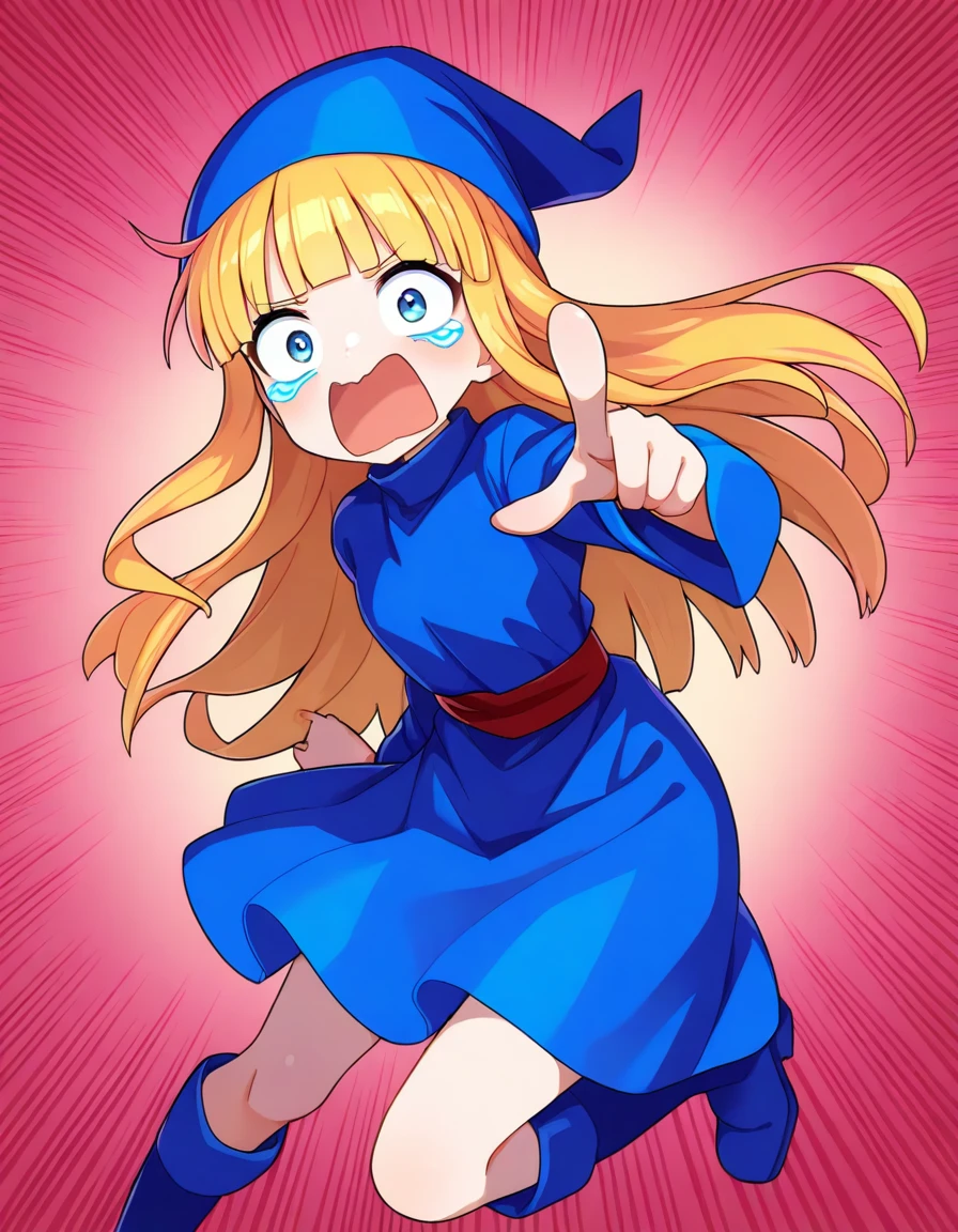 <lora:witchP123_SDXL_Illustrious01_fp16_ver01:1>,1girl,solo,witchP123,long hair,blonde hair,blunt bangs,blue eyes,blue dress, blue boots,blue hat, red sash,long sleeves,pointing at viewer, emphasis lines,wide-eyed,open mouth,streaming tears,, masterpiece, best quality, very aesthetic, absurdres,<lora:detailed_hands:1>,hand