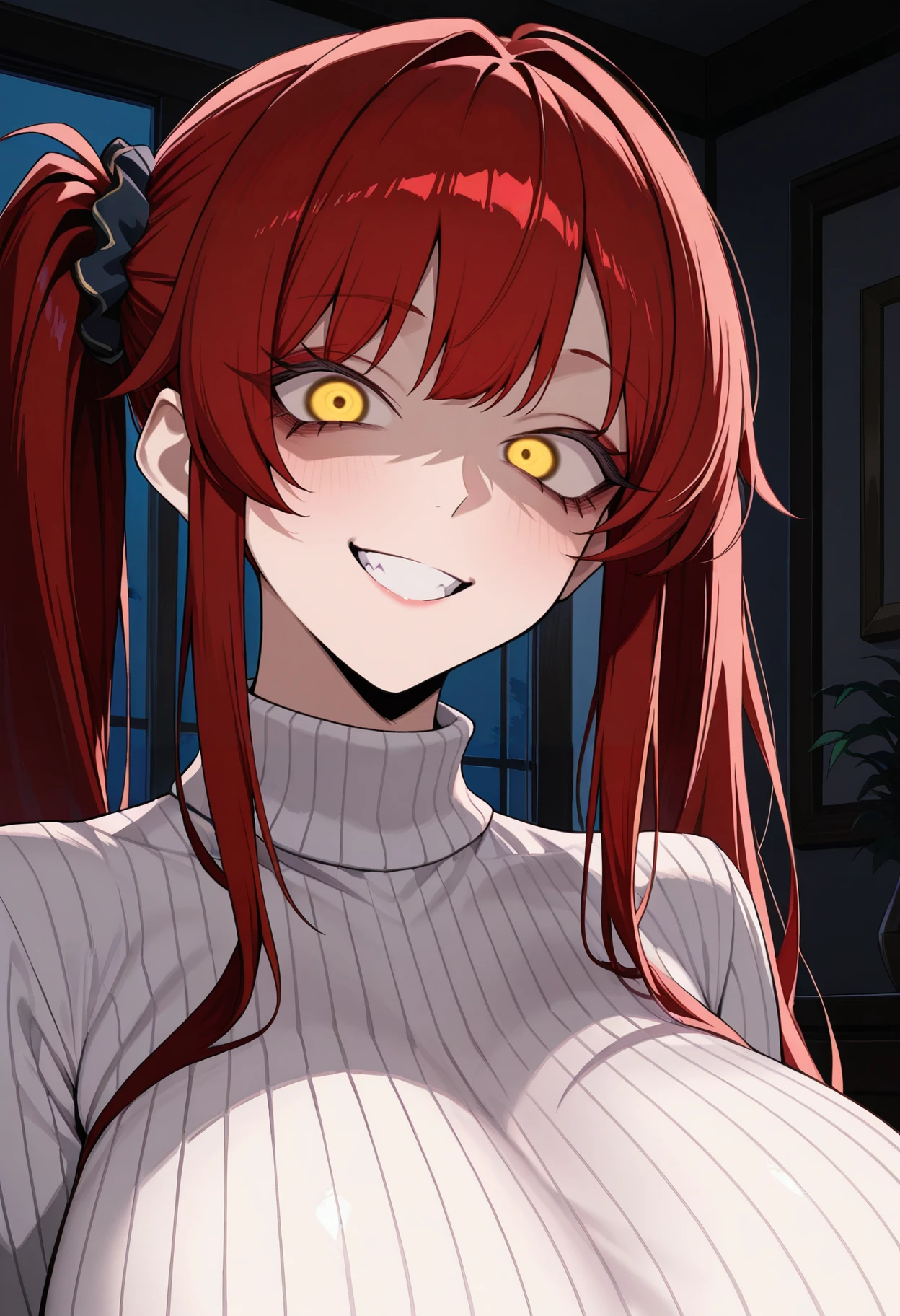 masterpiece, best quality, hires, absurdres, newest, 1girl, solo, <lora:cgel-style-richy-v1_ixl:1> red hair, twintails, very long hair, yellow eyes, huge breasts, turtleneck sweater, white sweater, ribbed sweater, close-up, portrait, looking at viewer, smile, bangs, hair scrunchie, indoors, grin, shaded face, dark, darkness, night