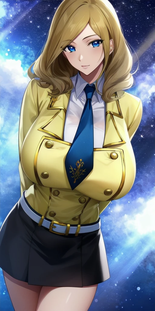 <lora:MillyV4:0.7> milly_ashford, huge_breasts, standing, solo, arms_behind_back, starry_sky, yellow_jacket_white_collared_shirt_green_necktie_green_skirt_belt, masterpiece, best_quality, detailed_face, detailed_eyes, highres, beautiful, detailed, absurdres,