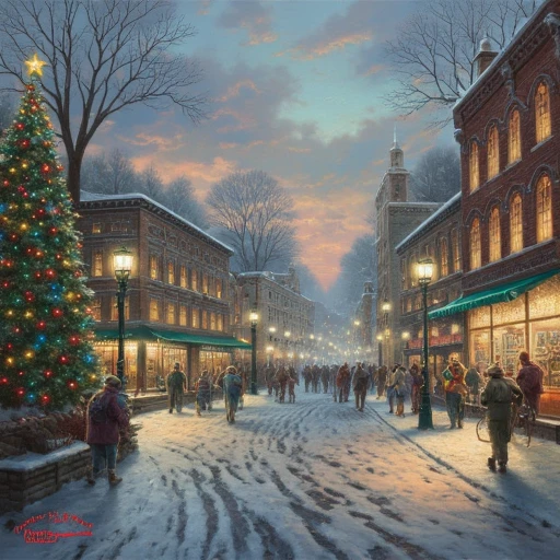 a Thomas Kinkade inspired Norman Rockwell Christmas time walk down main street