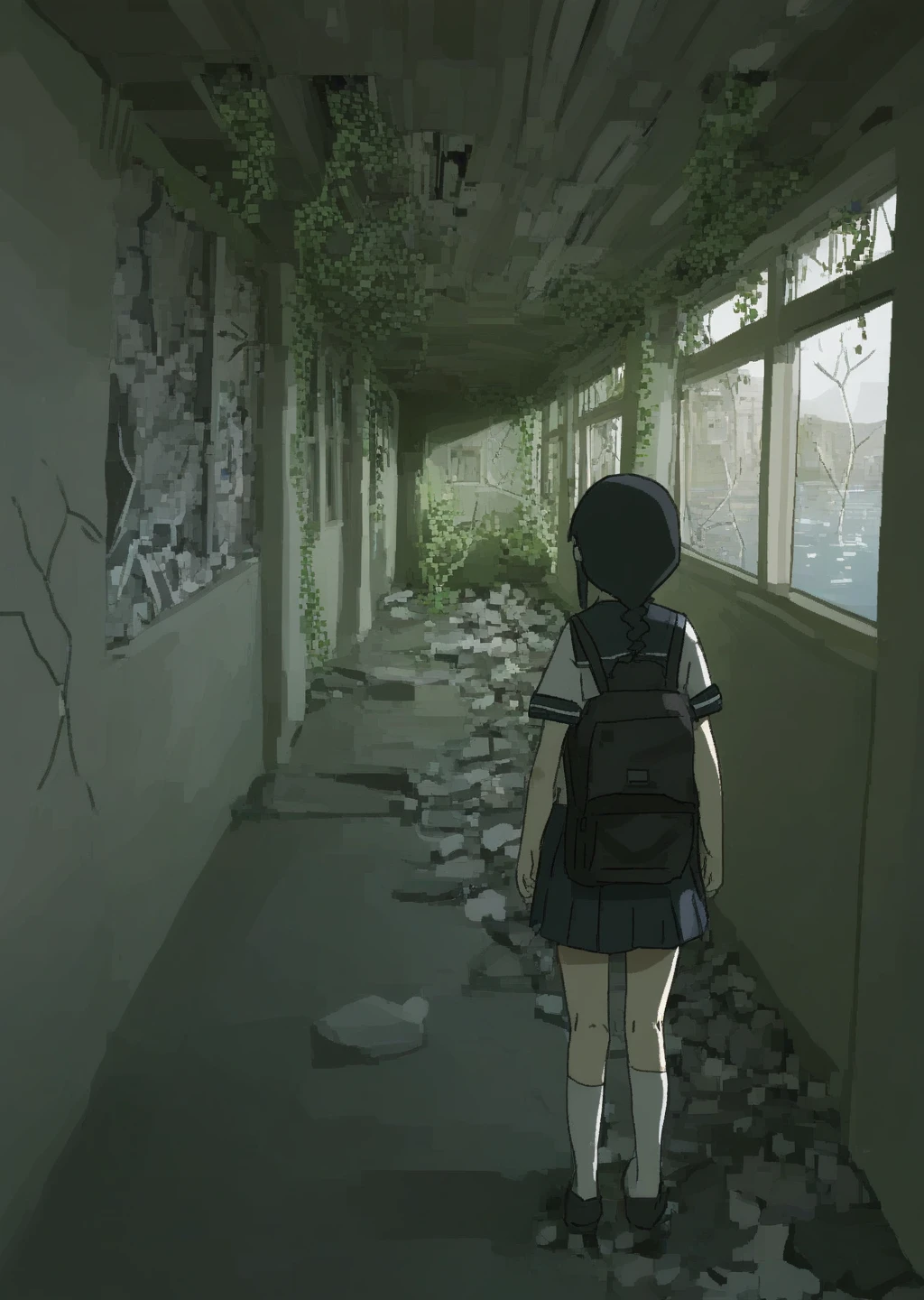 newest, masterpiece, best quality, very awa, best composition, simple background BREAK
indoors, post-apocalypse, school, hallway, vines, cracked_walls, broken_window, puddles, water, ruins, collapsed_ceiling, rubble, vines_on_windows, collapsed_floor, planks, broken
1girl, solo, skirt, serafuku, from behind, backpack, black hair, single braid, 
 <lora:prasetyoadii22:1>