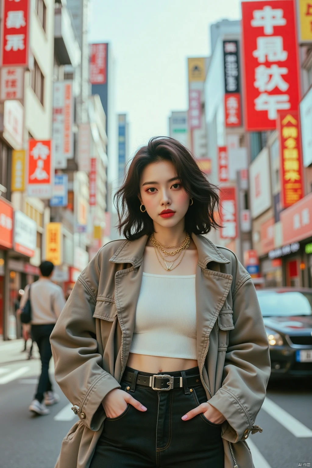 OBbllai,
Full shot of a fashionable Chinese woman posing on a busy urban street, head to toe. She wears a trendy, streetwear-inspired outfit and strikes a confident, edgy pose. FG polaroid filter adds vibrant colors and a modern feel. The bustling street scene blurs behind her, creating a shallow depth of field and emphasizing her stylish presence.