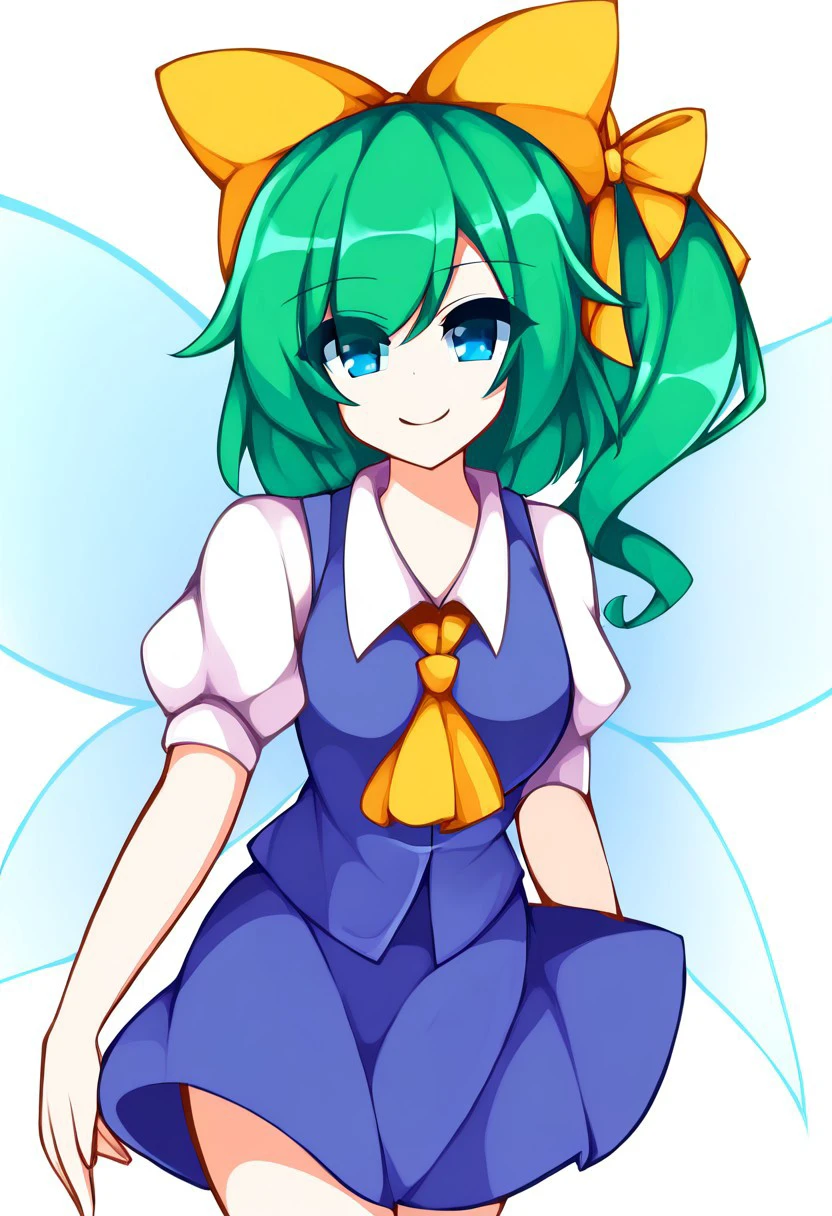 ((KaliningradG style)), ((white background)), ((solo)), (1girl), ((Daiyousei)), fairy wings, green hair, blue skirt, smile, side ponytail, blue vest, hair bow, looking at viewer, ascot, closed mouth, white shirt, skirt set, puffy short sleeves, collared shirt, yellow bow.