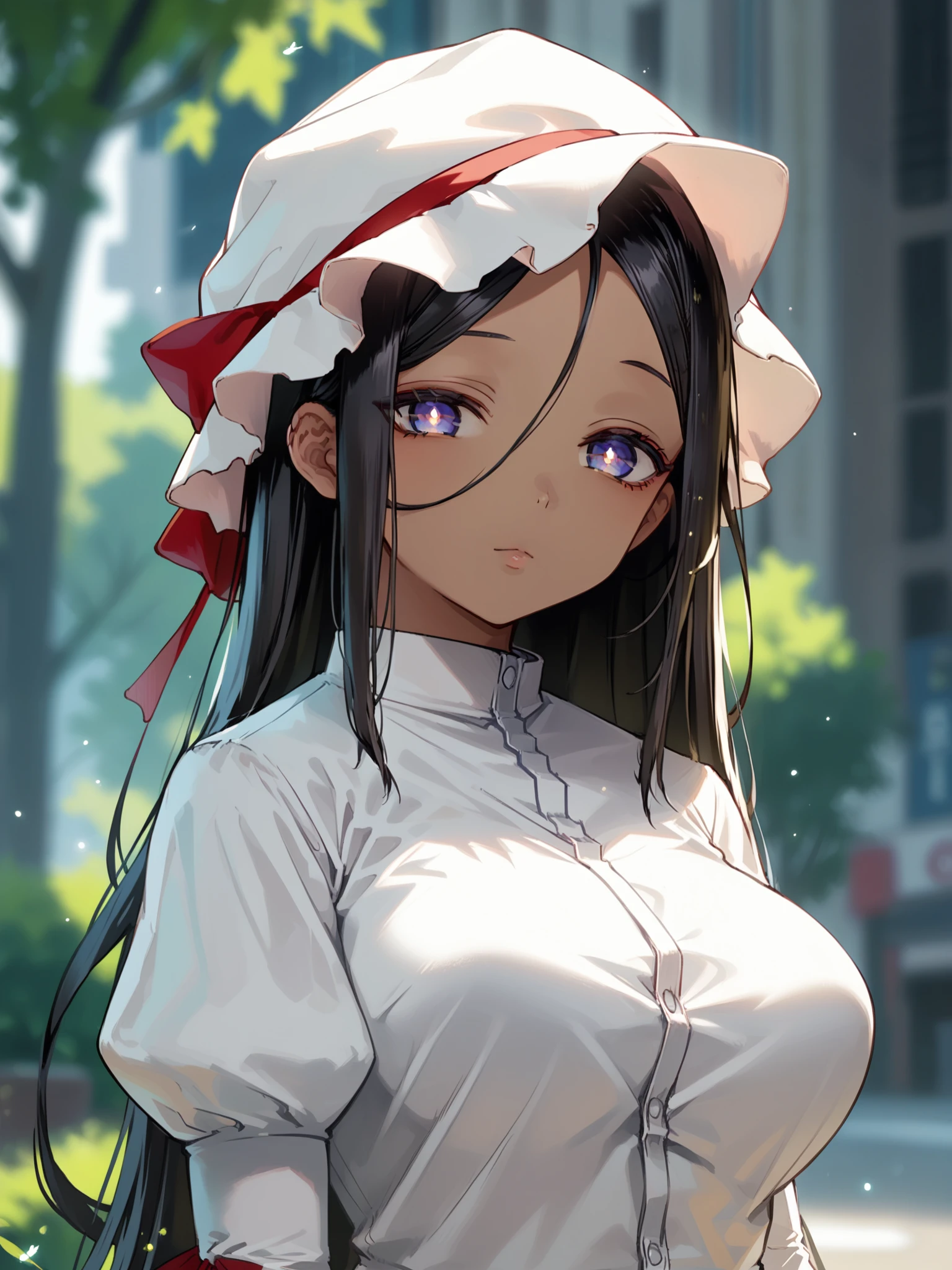 <lora:happy_tentacle-saruaisha-v0.1-000010:1>, ht_saruaisha, dark-skinned female, (purple eyes, black hair:0.7), large breasts, mob cap, white pupils, expressionless , grimace, outdoors, day cowboy shot, (petite:1.2), 1girl, solo focus, (looking at viewer:1.1), backlighting, (depth of field:0.8), (from below:0.8), [(realistic, photorealistic:1):(realistic:1.3):22], [(3d:1.2)::12], <lora:LUUNA's Lunas-NijiJourney-SDXL-B2:0.4>, nijijourney, <lora:prgfrg23's Counterfeit-V3.0 Style SDXL_LoRA_Pony Diffusion V6 XL:0.4> <lora:Shed_The_Skin's StS_age_slider_v1_initial_release:-1.2>, score_9, score_8_up, score_7_up, score_6_up, score_5_up, score_4_up, rating_safe