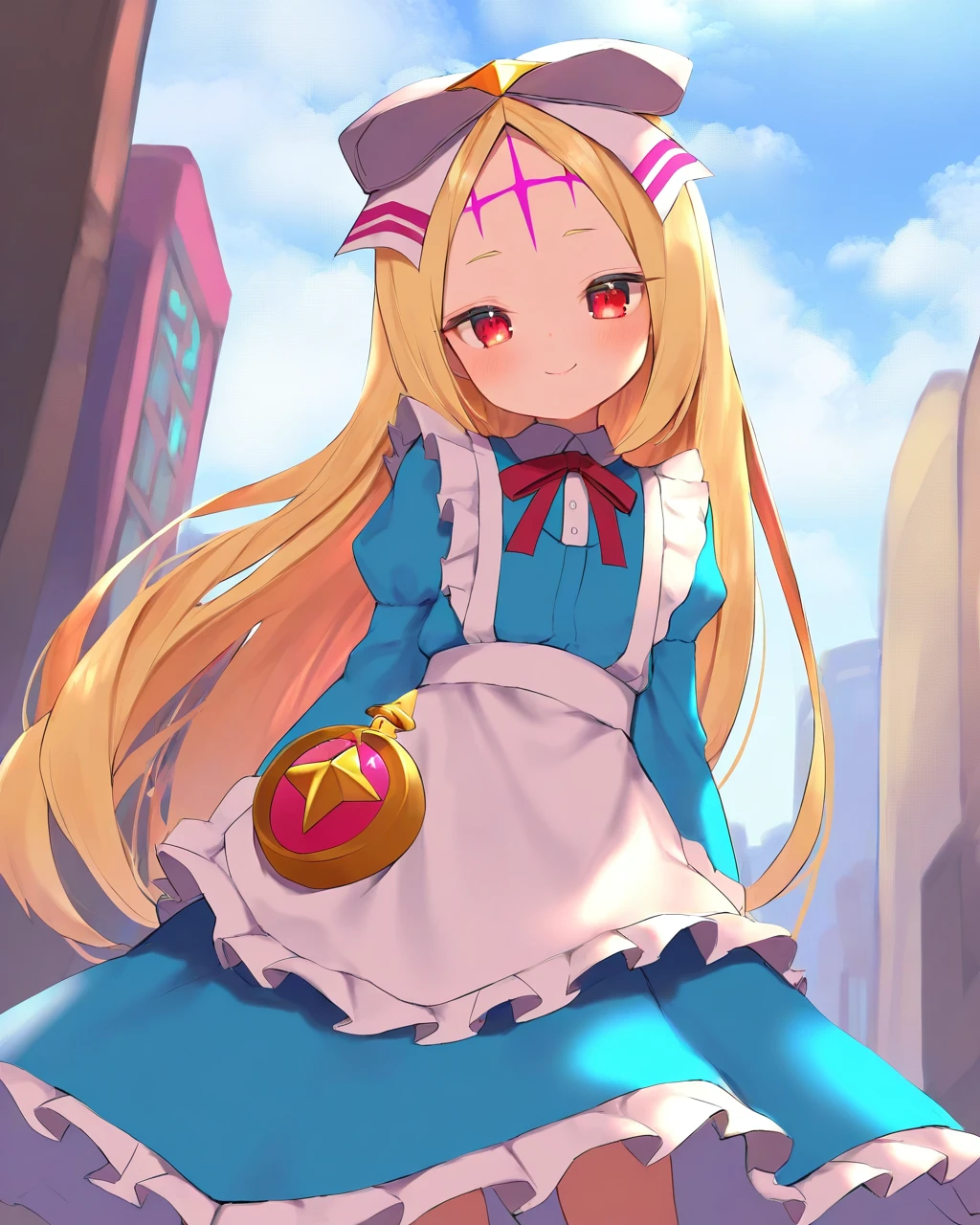 masterpiece, best quality, 1girl, morinokorisu, female *****, neroalice, very long hair, blonde hair, parted bangs, forehead mark, red eyes, hair bow, frilled dress, blue dress, maid apron, cowboy shot, smile, city, day, cloudy, looking at viewer