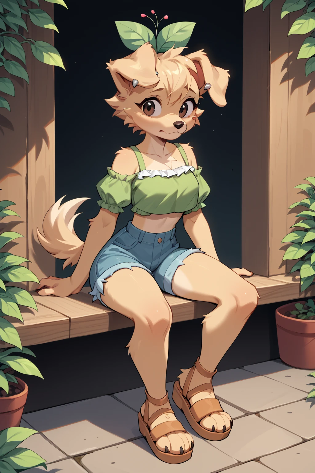 digital_media_(artwork), hi_res, score_9, score_8_up, score_7_up, score_6_up, score_5_up, score_4_up,  <lora:berri-cherry beries:0.8>, CherriBerri,golden retriever,female,anthro,dog girl,canine,cheek tuft,floppy ears,paws,tan body,tan fur,plant on head,black eyes,brown eyes,bangs, High-waisted shorts, a ruffled crop top, and chunky platform sandals.