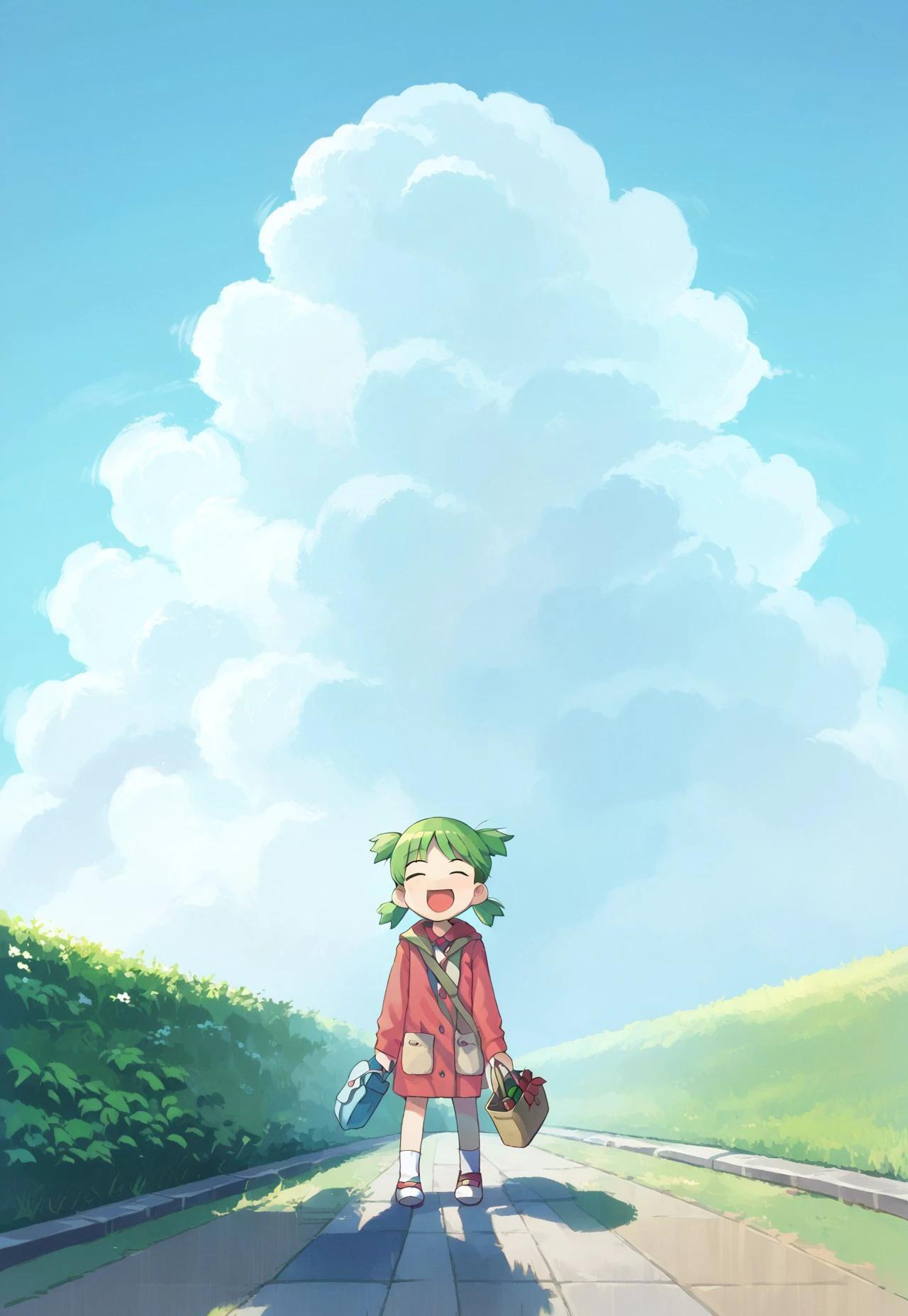 score_9, score_8, score_7, source_anime, koiwai yotsuba, happy, long sleeves, day, holding bag, cloud, twintails, closed eyes, socks, shadow, bag