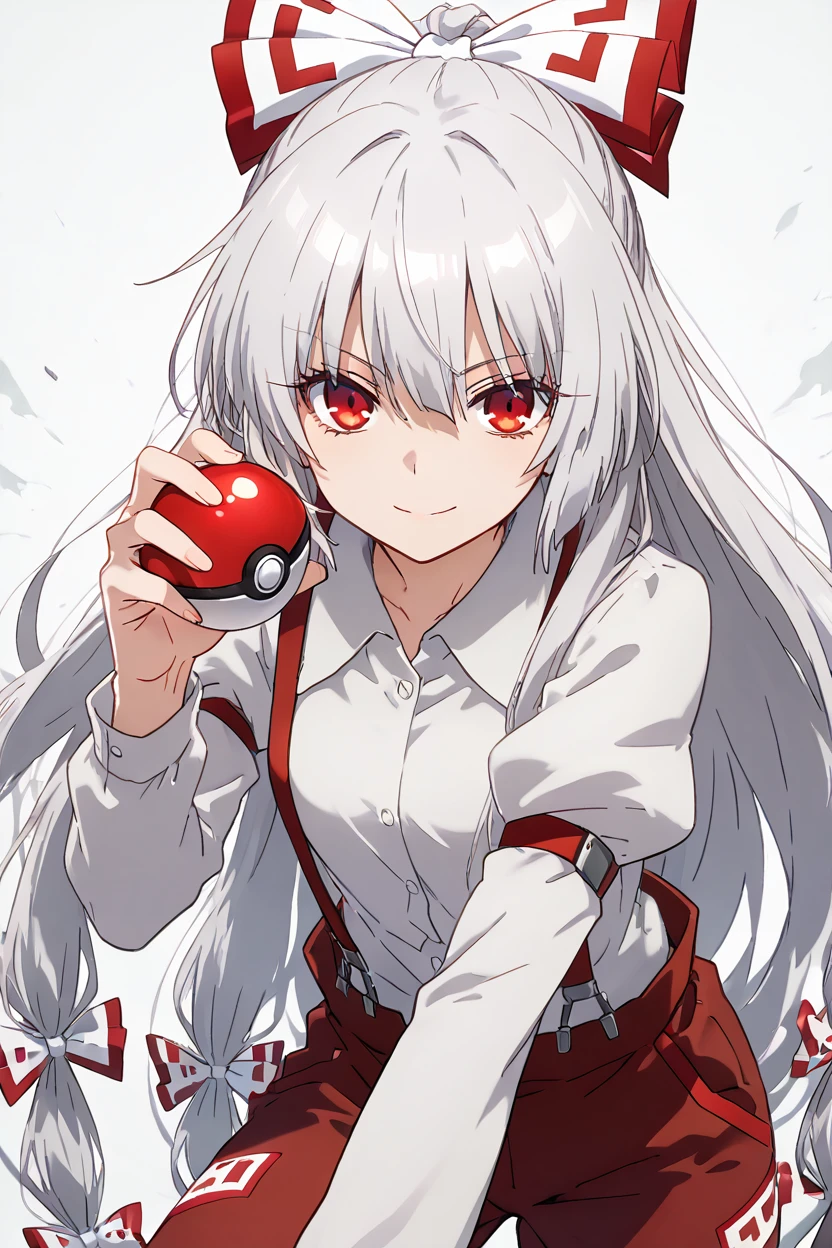 masterpiece, best quality, 1girl, solo, 21 year old model, eyelashes, (beautiful eyes),     ,,, <lora:FujiwaraNoMokouTouhouIXL:1.0>, zzMokou, red eyes, hair between eyes, grey hair, hair bow, hair ribbon, long hair, very long hair, white hair bow, suspenders, white shirt, shirt, long sleeves, pants, white bow, red pants, collared shirt,(holding pokeball), dynamic pose, cowboy shot, leaning forward, smile, looking at viewer, shiny skin,<lora:PrismaIllyaIXL_v2:1.0>,