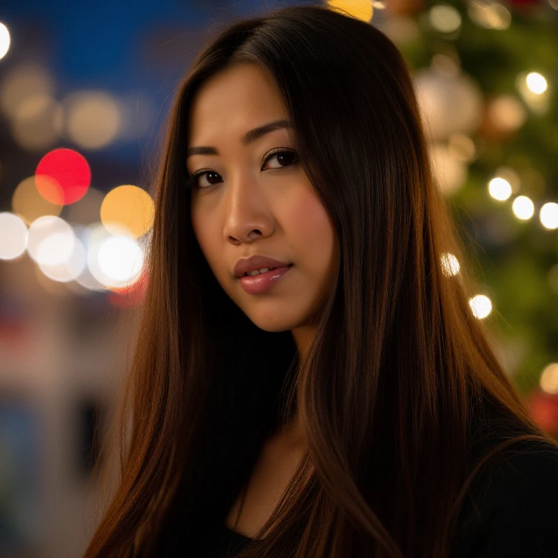 <lora:Sharon_Lee:0.8> sharon lee, long hair.  Closeup face portrait. Chrismas village decoration at night blurry background