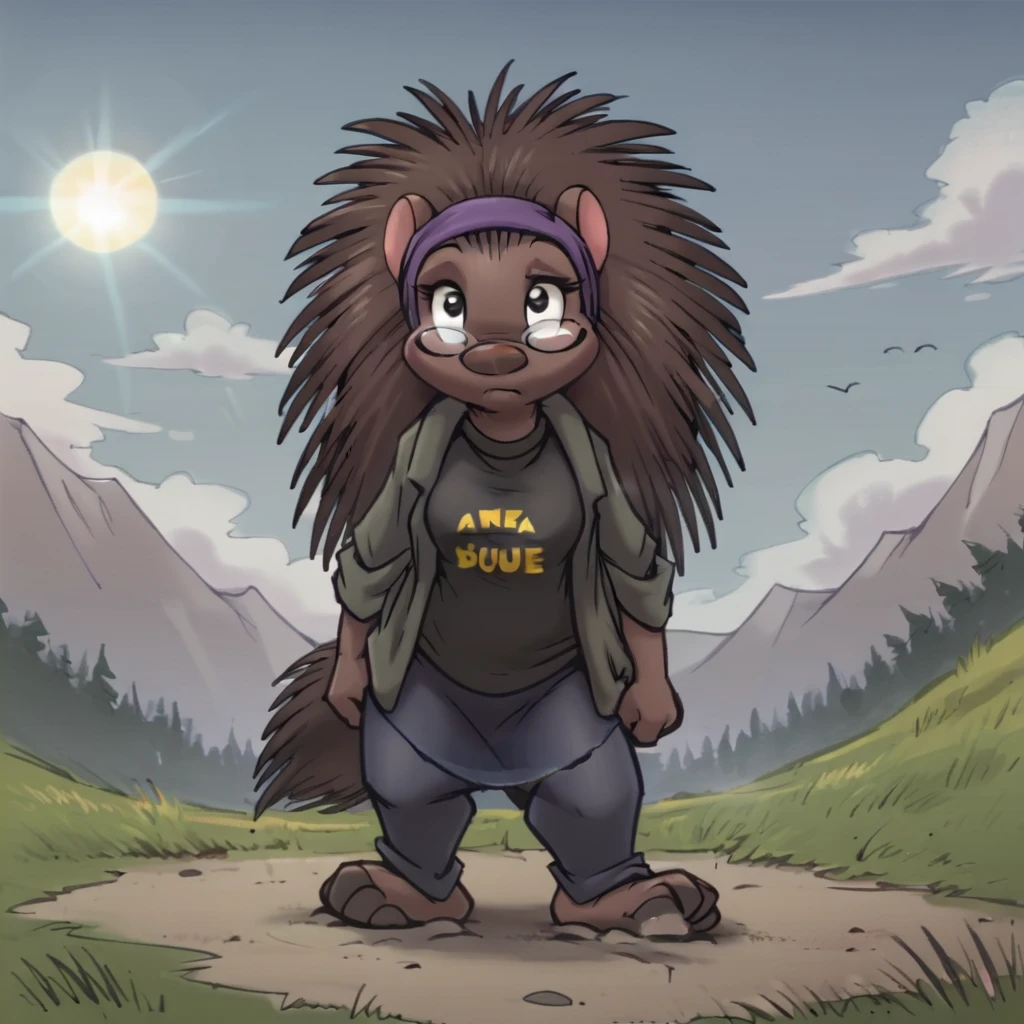 score_9, score_8_up, score_7_up, score_6_up, standing, solo, sky, sun, grass, day, full-length portrait, solo focus, digital drawing \(artwork\), front view, looking at viewer,  <lora:Holly the Porcupine (EWS)_PDXL:1> hollyews