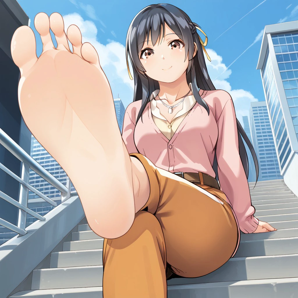 mitsuha miyamizu, black hair, brown eyes, aged up, french braid, long hair, straight hair, hair ribbon, cardigan, pink cardigan, shirt, yellow shirt, belt, pants, orange pants, necklace, collarbone, outdoors, cityscape, stairs, looking at viewer, smile, from below, crossed legs, foot up, soles, foot focus, foreshrotening, close up, barefoot