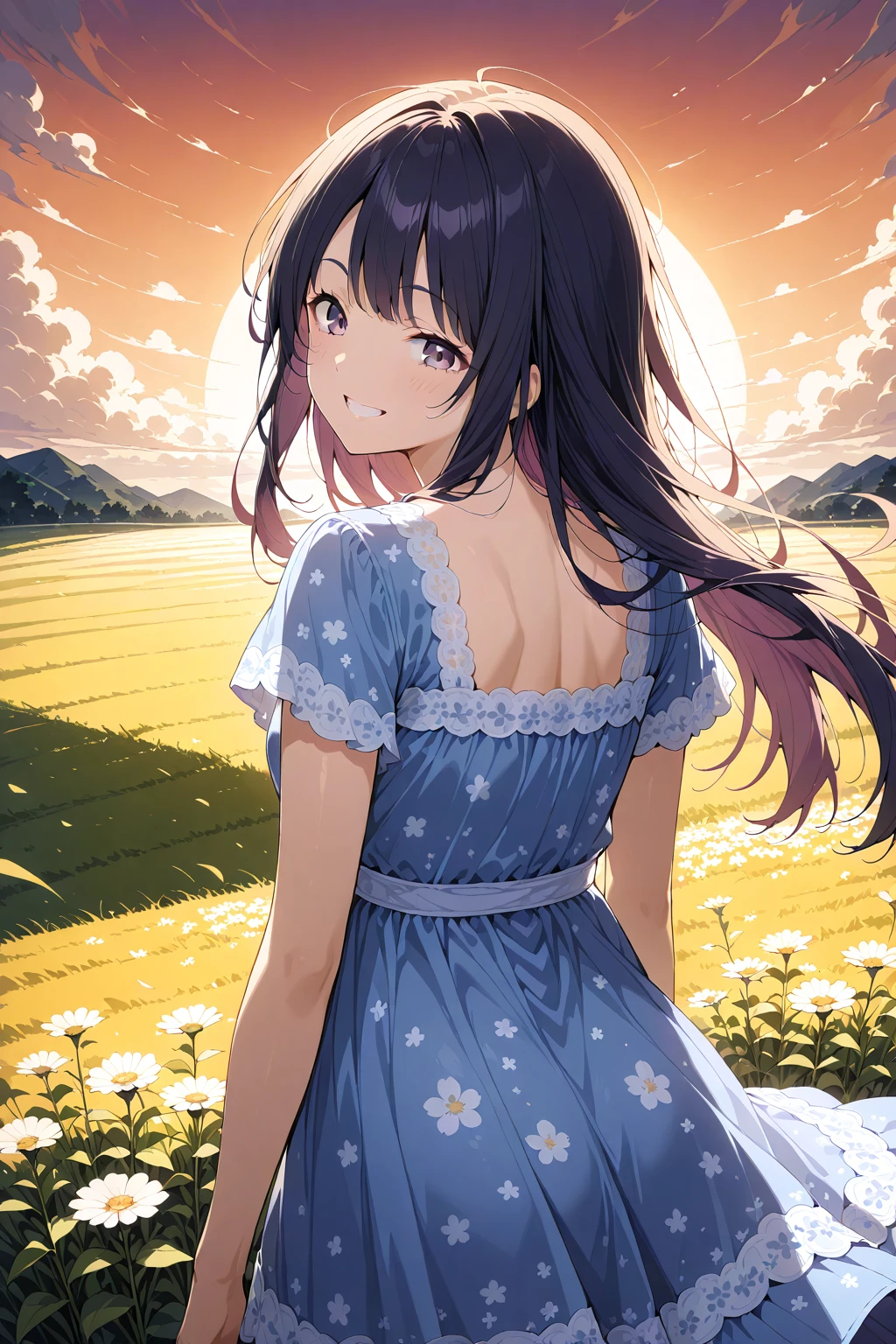 floral nightgown, <lora:Floral Nightgown Illustrious:0.6>, field, from behind, wind, long hair, sunset, looking back, grin, looking looking at viewer,