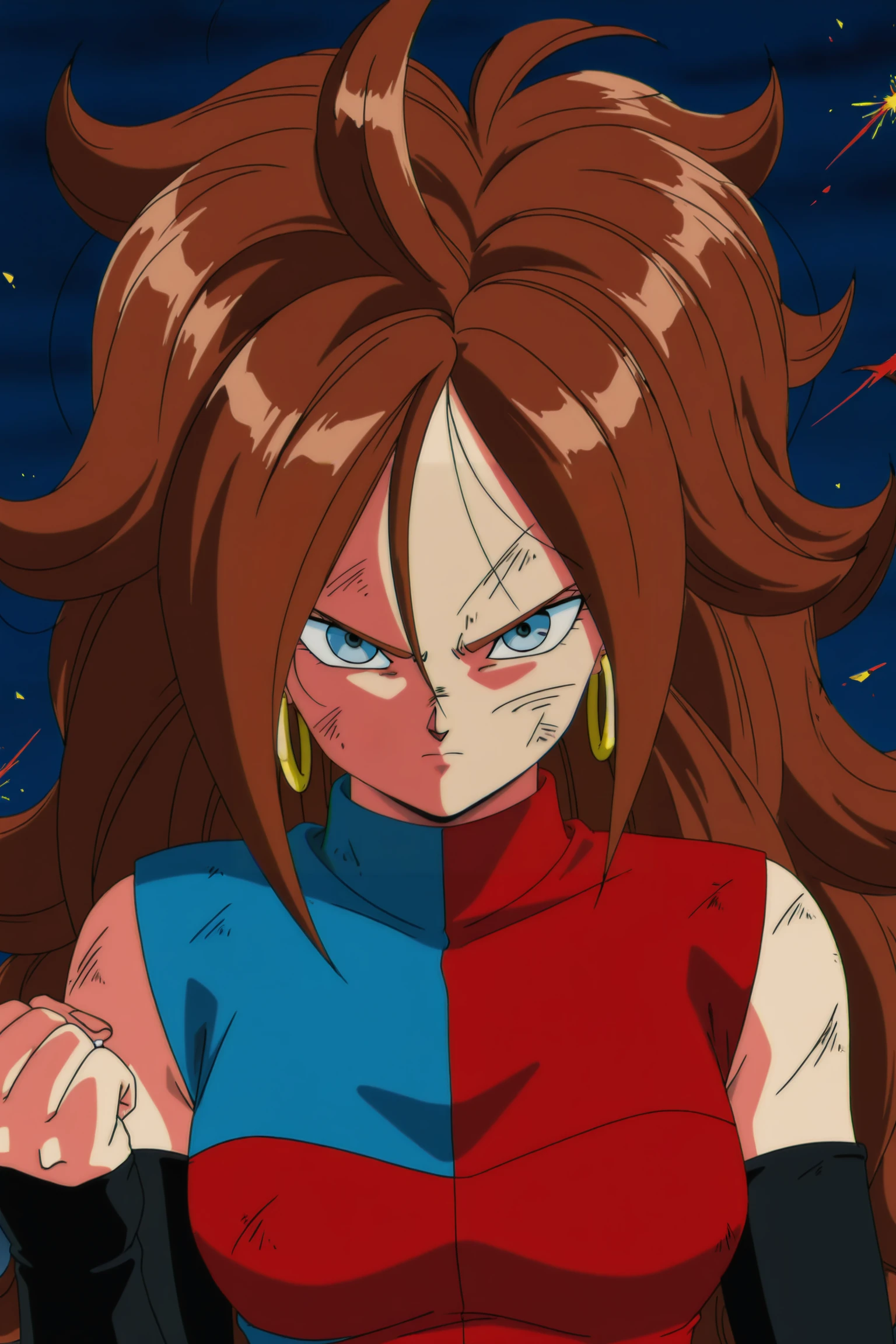 anime screencap, absurdres, high quality, 1990s \(style\), anime coloring, retro artstyle, 
android 21, human, 1990s \(style\), anime coloring, retro artstyle, 1girl, solo, long hair, breasts, looking at viewer, curly hair, brown hair, blue eyes, serious, frown, hoop earrings, short dress, checkered clothes, checkered dress, bare shoulders, detached sleeves, black sleeves, glass shards, v-shaped eyebrows, upper body, clenched hand, outdoors, night, smoke, scratches, dirty face, closed mouth, red and blue checkered dress, red hue, sparks, 
 <lora:Android_21_IL:0.8>