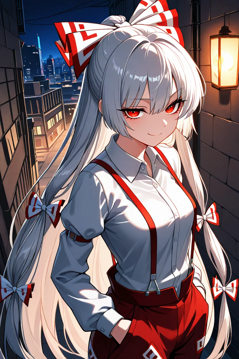 masterpiece, best quality, 1girl, solo, 21 year old model, eyelashes, (beautiful eyes),     ,,, <lora:FujiwaraNoMokouTouhouIXL:1.0>, zzMokou, red eyes, hair between eyes, grey hair, hair bow, hair ribbon, long hair, very long hair, white hair bow, suspenders, white shirt, shirt, long sleeves, pants, white bow, red pants, collared shirt,,,, stars, night, luminescent background, city, back alley, smug, hands in pockets, smile, looking at viewer, shiny skin, <lora:princess_xl_v2:0.3>,