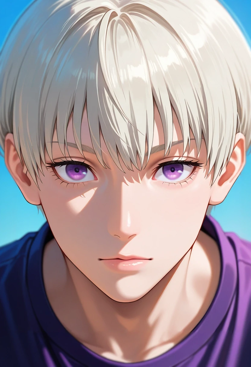 masterpiece, best quality, , (realistic:0.6), , depth of field, 1boy, solo, male focus, <lora:toge_inumaki_ilxl:0.9>, toge_inumaki, white hair, purple eyes, short hair, bangs, hair between eyes, , ,