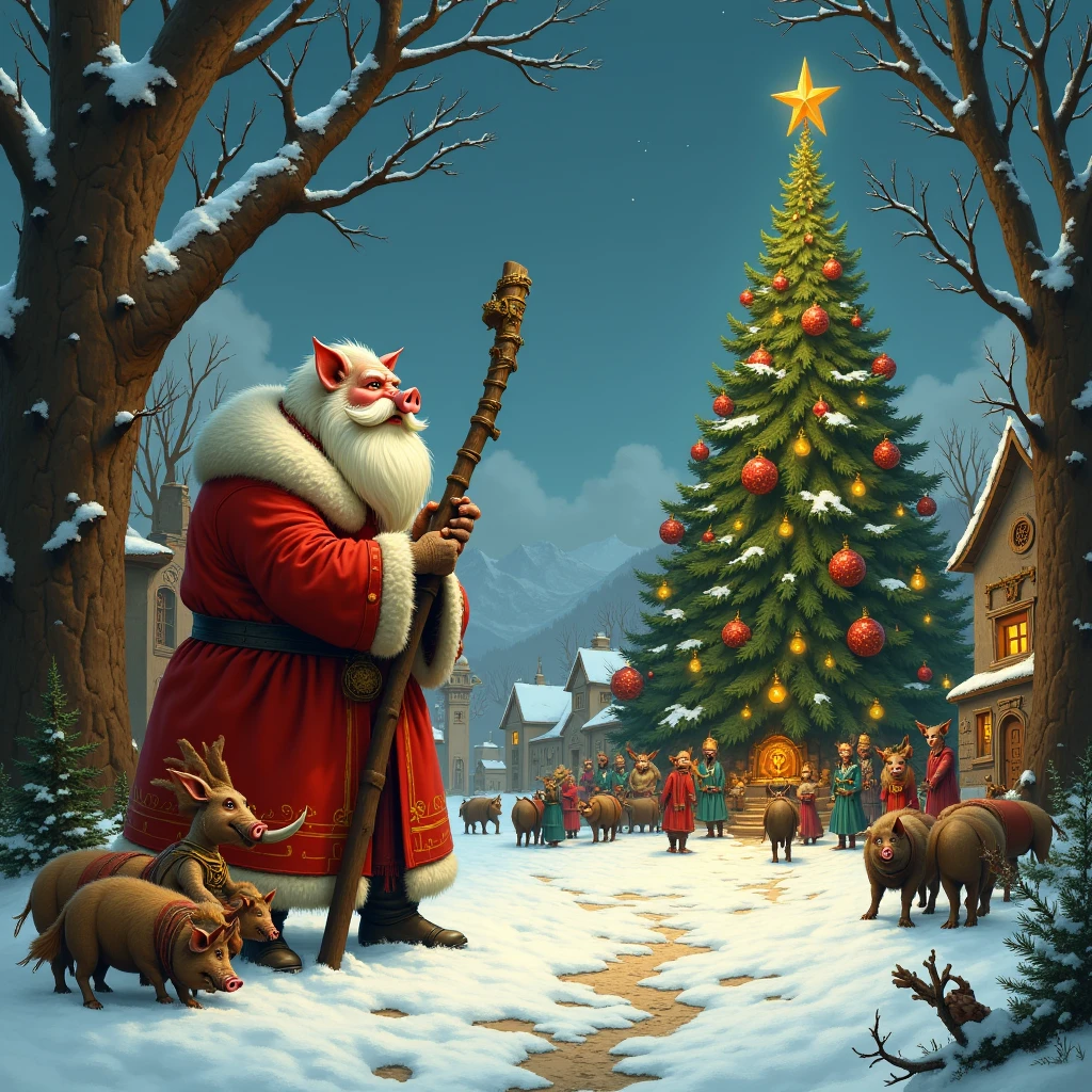 Imagine an image in the style of a nostalgic mid-20th-century greeting card: An anthropomorphic pig creature, the Hogfather, in a red Santa suit, stands beside a massive decorated tree in Ankh-Morpork’s town square. His sack overflows with bizarre Discworld toys, and children gather eagerly.