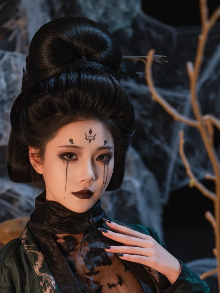 This is a high-resolution, digitally rendered photo of an East Asian woman with an astonishing and otherworldly aesthetic. She has a fair porcelain complexion, dark fluffy hair, and a delicate bun adorned with black accessories, giving off an almost ethereal feeling. Her eyes are large, oval, and highlighted with thick dark eyeliner pen and subtle dark eye shadow, giving her a mysterious expression. <lora:Fourth_Sister:1>