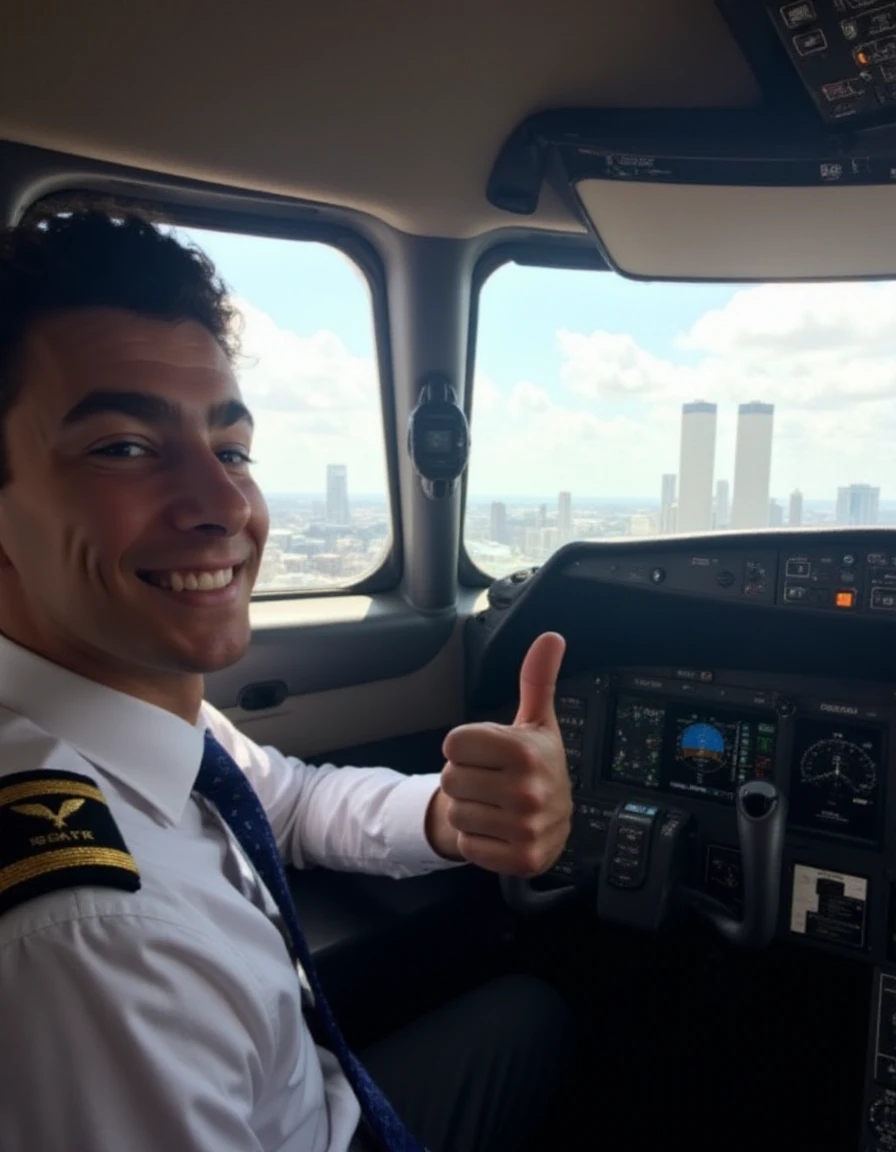 iphone photo of airplane captain sitting in a 747 cockpit giving the thumbs up. He has slightly messy curly dark hair.  In the background is the world trade center twin towers <lora:Person_LuigiMangione-FLUX:1>