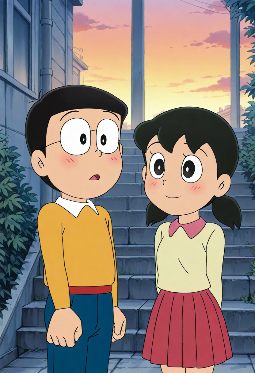 masterpiece, best quality, absurdres, highres, detailed background, <lora:hyperSD8:1>,
 <lora:shiZUKA_CULTY:1> 1girl, minamoto shizuka, 1boy, nobi nobita,glasses, yellow shirt, couple