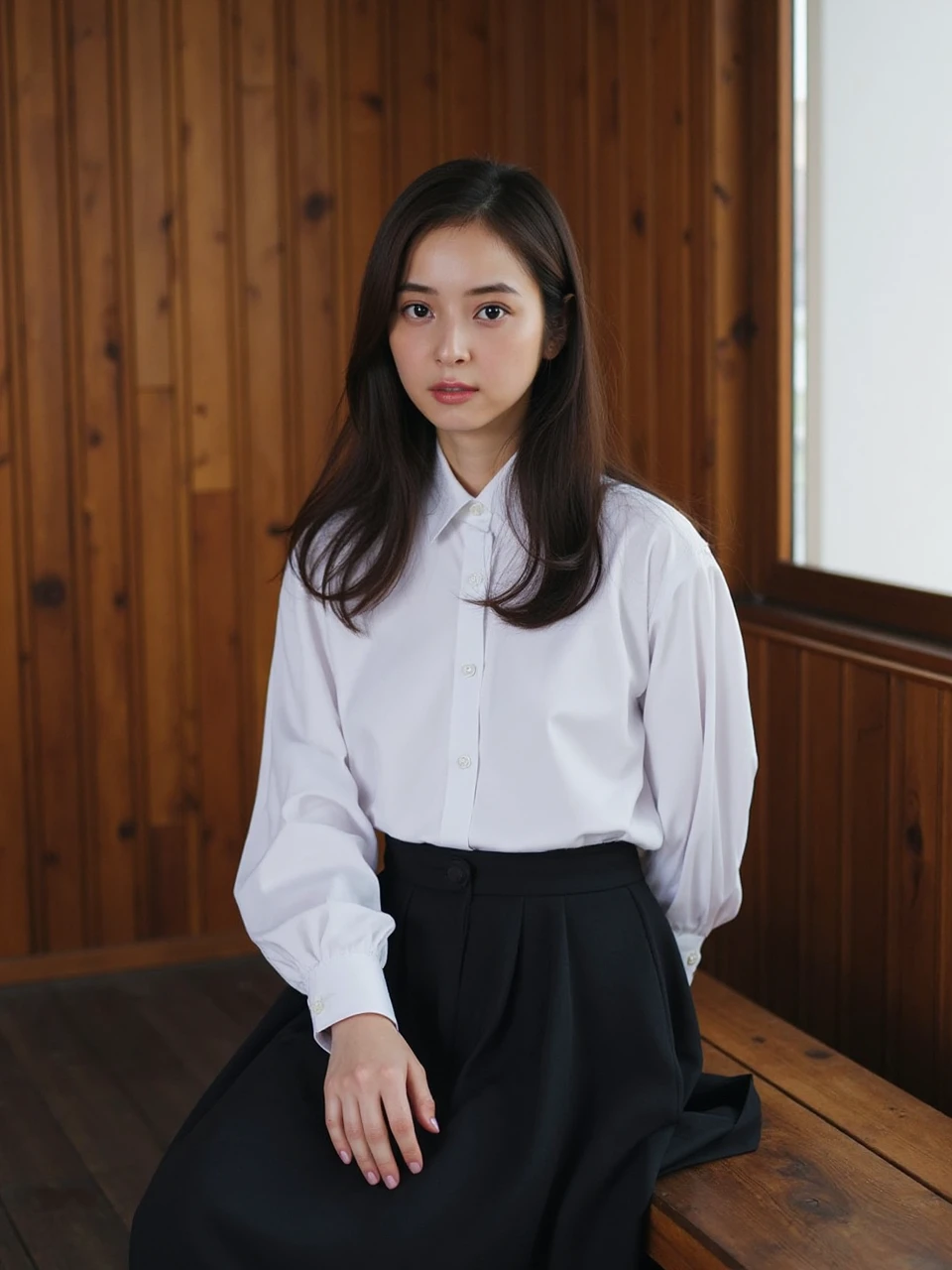 The image is a portrait of a young woman named nozomi sitting on a wooden bench. She is wearing a white collared shirt and a black skirt. She has long straight hair and she is looking directly at the camera with a serious expression. Her left hand is resting on her knee. The background is a wooden wall with a window on the right side. The overall mood of the image is somber and contemplative.