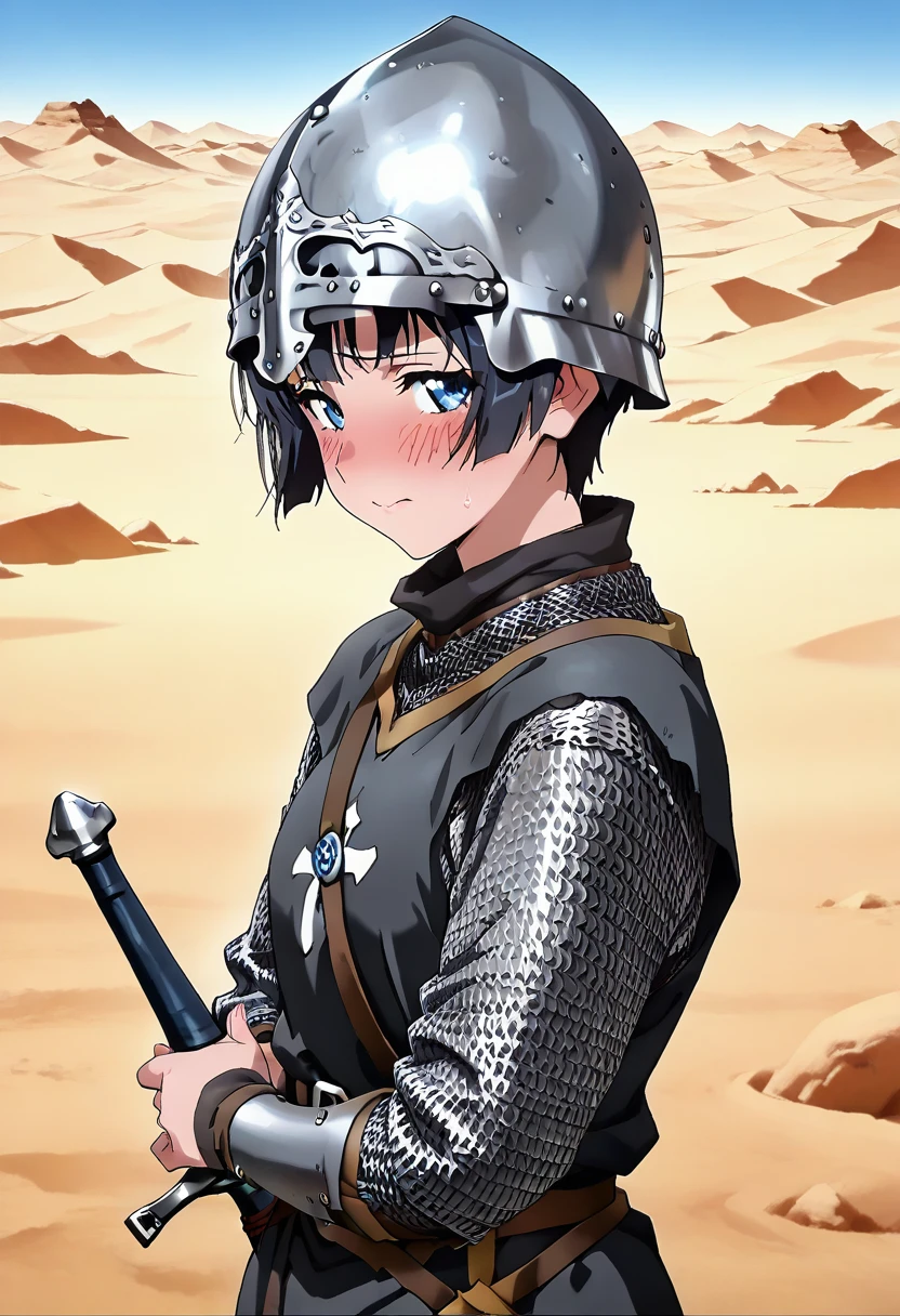 masterpiece, best quality, absurdres, detailed skin, detailed eyes, anime colored, anime screencap,
<lora:SaitoE:0.8>, SaitoE, black hair, looking at viewer, blush, embarrassed, averting eyes, 
<lora:Norman_helmet-000007:1>, chainmail, sword, sheathed, helmet, Normanhelmet,
desert,