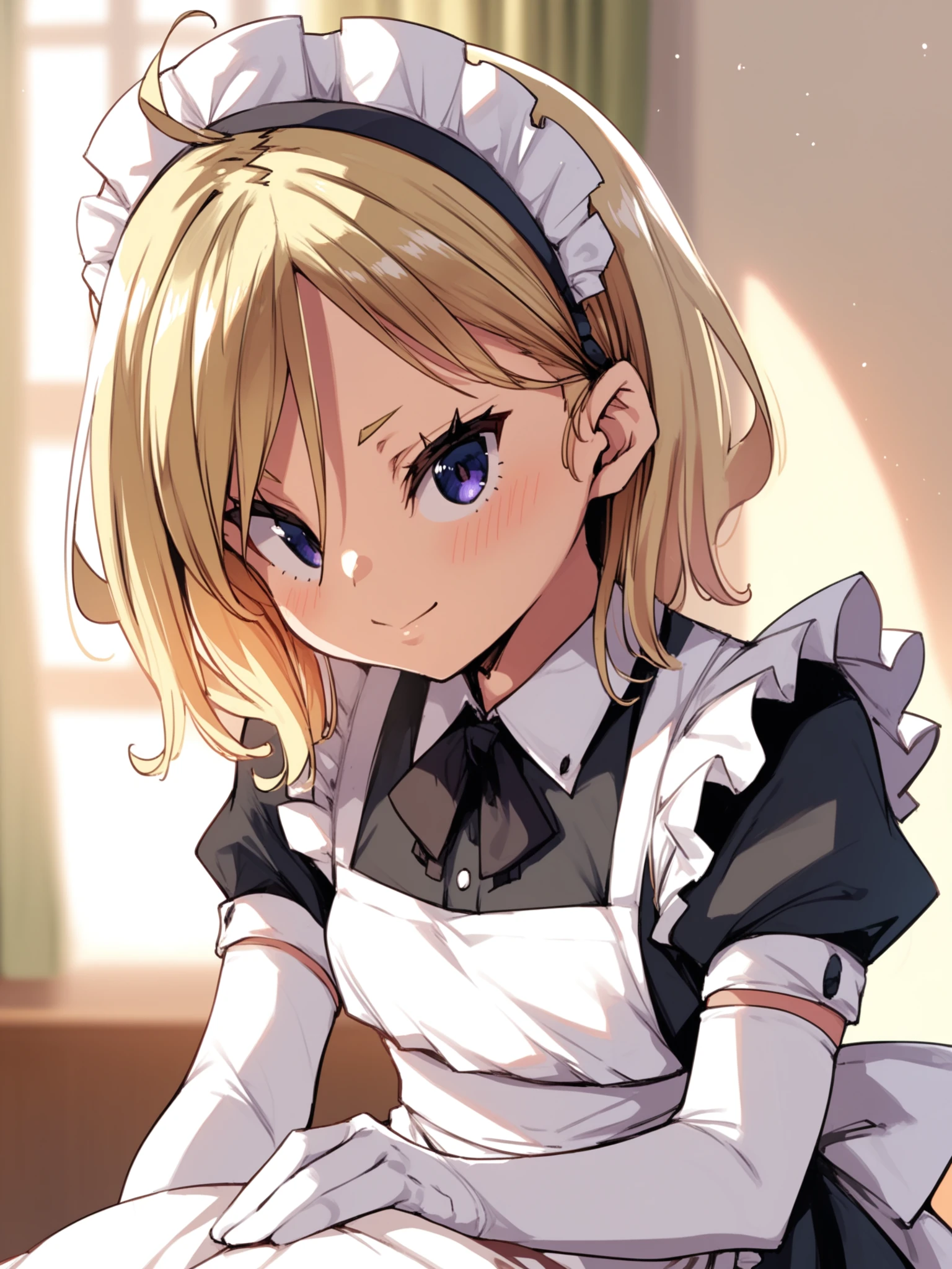 <lora:happy_tentacle-senakaho-v0.1-000010:1>, ht_senakaho, (purple eyes:0.6), blonde hair, , blush, indoors, furniture, maid, apron, white gloves, elbow gloves cowboy shot, 1girl, (petite:1.2), solo focus, (looking at viewer:1.1), backlighting, (depth of field:0.8), , [(realistic, photorealistic:1.2):(realistic:1.3):22], [(3d:1.2)::12], <lora:LUUNA's Lunas-NijiJourney-SDXL-B2:0.6>, nijijourney, <lora:prgfrg23's Counterfeit-V3.0 Style SDXL_LoRA_Pony Diffusion V6 XL:0.3> <lora:Shed_The_Skin's StS_age_slider_v1_initial_release:-1.2>, score_9, score_8_up, score_7_up, score_6_up, score_5_up, score_4_up