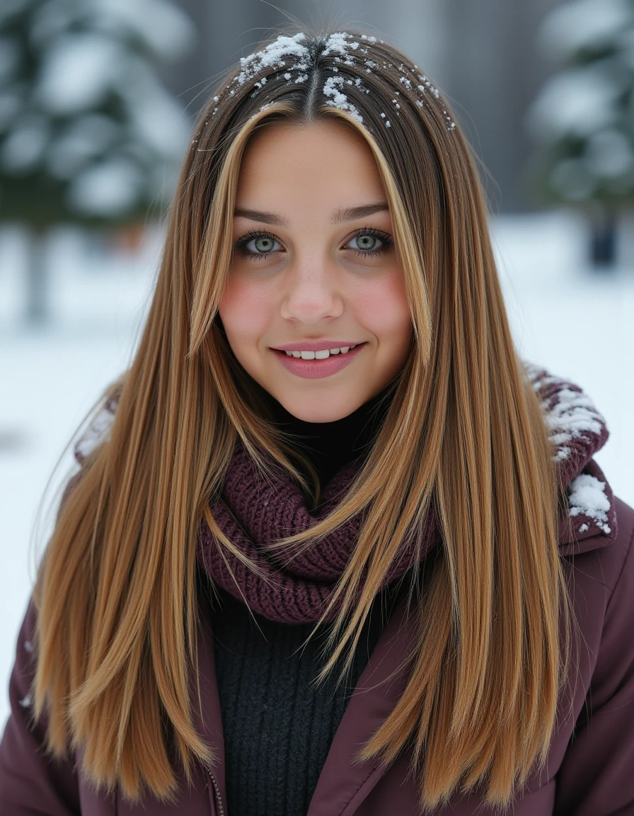 8k hdr. <lora:AmandaBynesflux1b-000001:1> she has long, straight, light brown hair with subtle blonde highlights, styled to fall naturally around her shoulders. Her skin tone is fair, and she has a radiant complexion with a hint of a tan. Her eyes are a striking blue, accentuated by subtle makeup, wearing winter clothes thick jacket, sweater and scarf, snow is accumulating on her hair, shoulders and clothes, Dynamic pose, at Dawn,