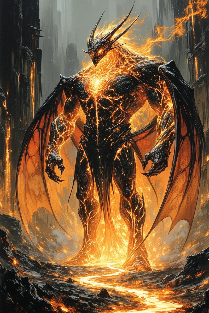 fg,A fearsome fire demon standing in the ruins of a once-great fortress, surrounded by flames and molten rock. The ground rumbles as it raises a blazing sword, illuminating the darkened sky with a hellish glow. Ash and embers swirl around, creating an atmosphere of chaos and impending doom.