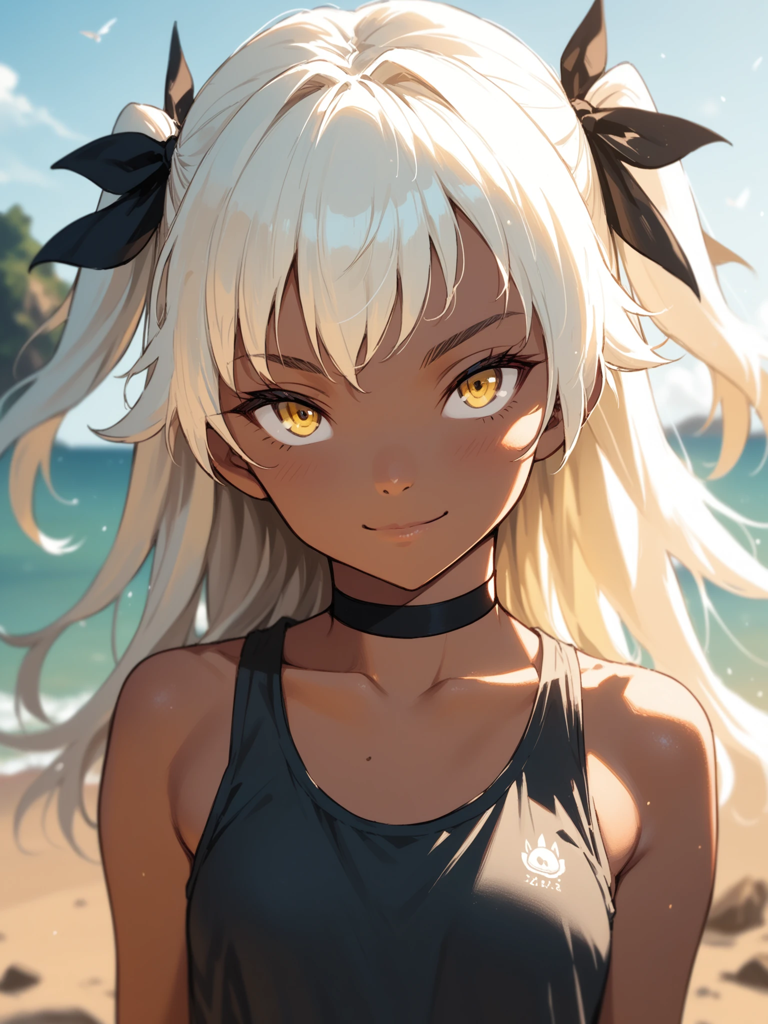 <lora:happy_tentacle-kanaguri-v0.3-000011:1>, ht_kanaguri, choker, dark-skinned female, two side up, hair ribbon, yellow eyes , smirk, outdoors, day cowboy shot, (petite:1.2), 1girl, solo focus, (looking at viewer:1.1), backlighting, (depth of field:0.8), , [(realistic, photorealistic:1):(realistic:1.3):22], [(3d:1.2)::12], <lora:LUUNA's Lunas-NijiJourney-SDXL-B2:0.4>, nijijourney, <lora:prgfrg23's Counterfeit-V3.0 Style SDXL_LoRA_Pony Diffusion V6 XL:0.4> <lora:Shed_The_Skin's StS_age_slider_v1_initial_release:-1.2>, score_9, score_8_up, score_7_up, score_6_up, score_5_up, score_4_up, rating_safe