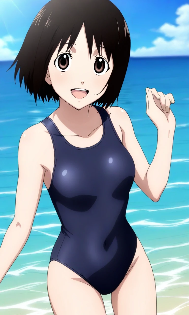 masterpiece, best quality, high resolution, absurdres, 1girl, nakahara_misaki, brown_eyes, black_hair, short_hair, bob_cut, small_breasts, swimsuit, happy, looking_at_viewer, in_water, sky