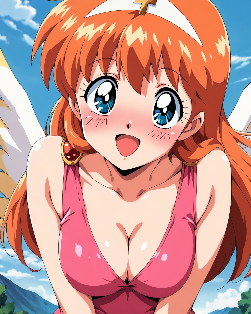 masterpiece, best quality, high quality, 1girl,  solo <lora:10_bik_Il:1> juujikatennshi, orange hair, blue eyes, white headband, angel wings, small wings, gold tipped wings, pink leotard, outdoors, retro style, 80's anime,  anime screencap, daytime, sky,  cleavage, looking at viewer, happy, hearts, blush, open mouth