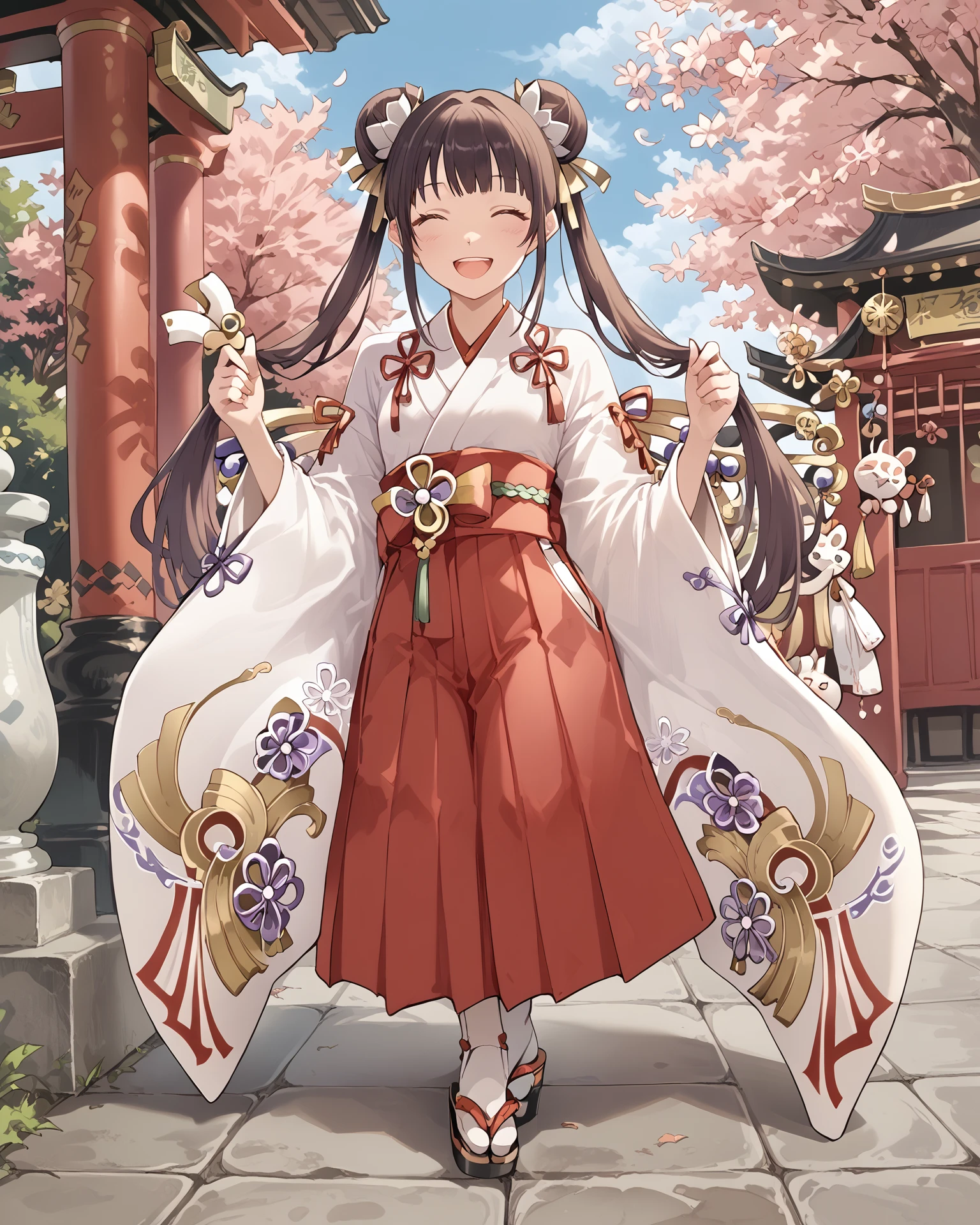 1girl, mikofa, full body, happy, long hair, pigtails, hairbuns, japanese shrine, extremely detailed clothing, extremely detailed, digital art, masterpiece, absurdres, highest quality, score_9, score_8_up, score_7_up,   <lora:MikoNextGen_XL:1>,  <lora:by_persicaria_eater-pony:1> by Persicaria Eater