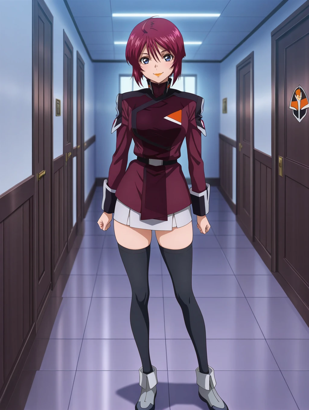 masterpiece,best quality,amazing quality,source_anime,anime coloring,<lora:Lunamaria_Hawke_SEED_Destiny_Illustrious:0.8>,lunamaria,1girl,solo,blue eyes,red hair,short hair,ahoge,lipstick,freedom jacket,grey miniskirt,black thighhighs,grey shoes,smile,standing,indoors,looking at viewer,