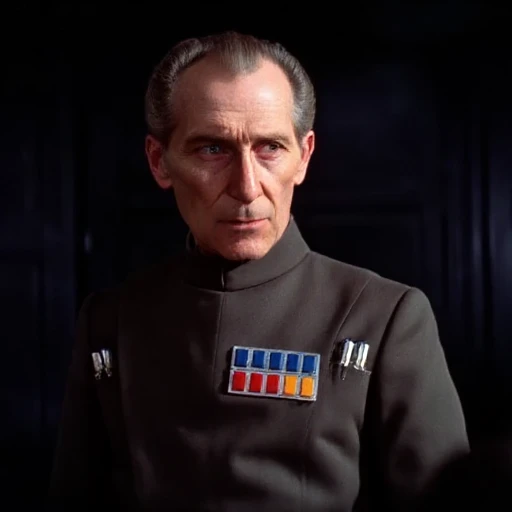 revealing a receding hairline., Tarkin. The image is a photograph from the science fiction film "Star Wars: Episode IV - A New Hope." The subject is grand  Moff Tarkin, aged appearance. He has a wrinkled, and a thin, and piercing blue eyes. He is dressed in a dark green, Tarkin. The image is a high-resolution photograph featuring a stern-looking, and a prominent forehead. His hair is slicked back